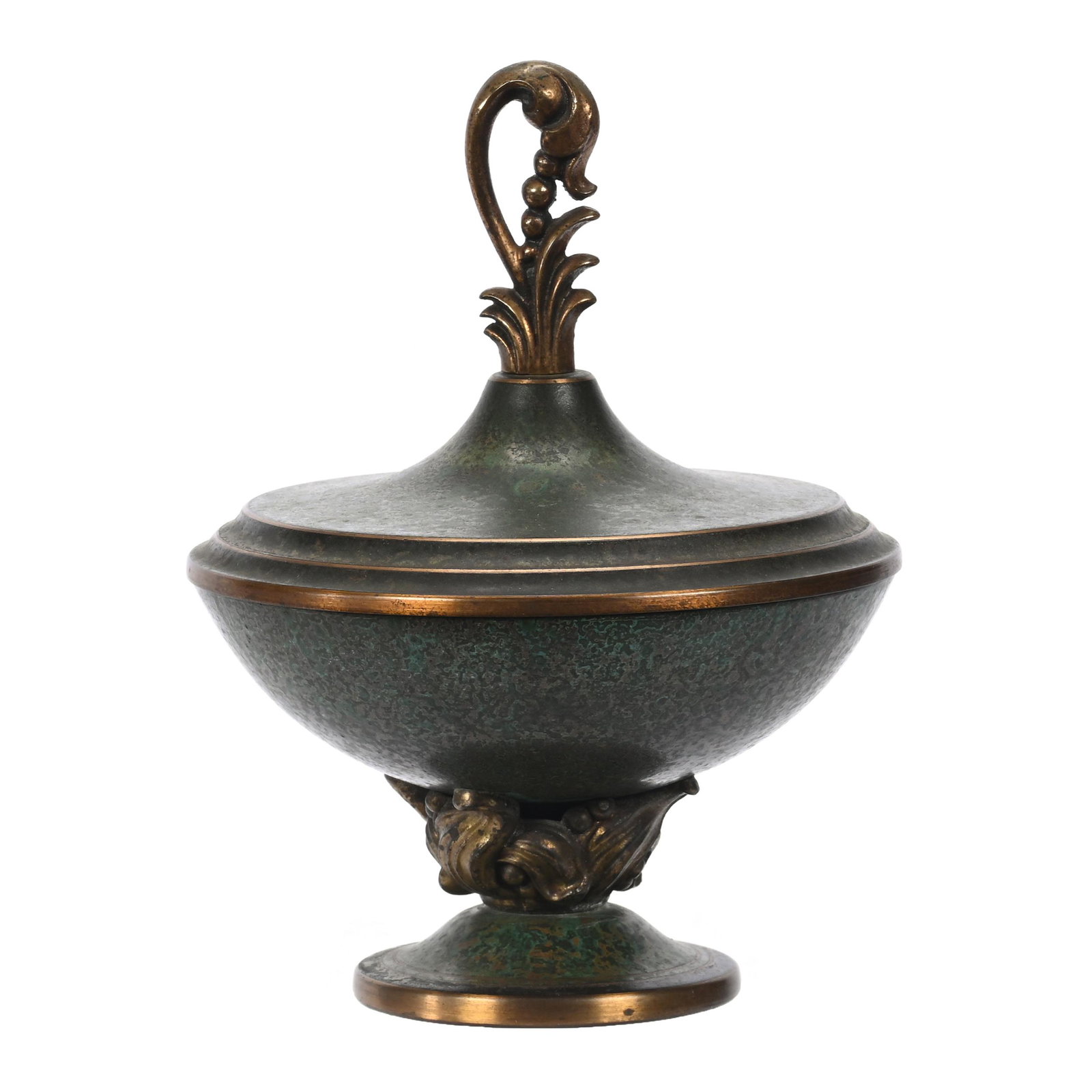 Pedestal Bowl, Bronze Art Decor, Carl Sorensen: Pedestal Bowl, Bronze Art Deco, Carl Sorensen, 7.25" x 5.5", Pedestal, Figural Blossom Finial, Green Patina, Circa 1920's/1930's, Texas Private Collection.