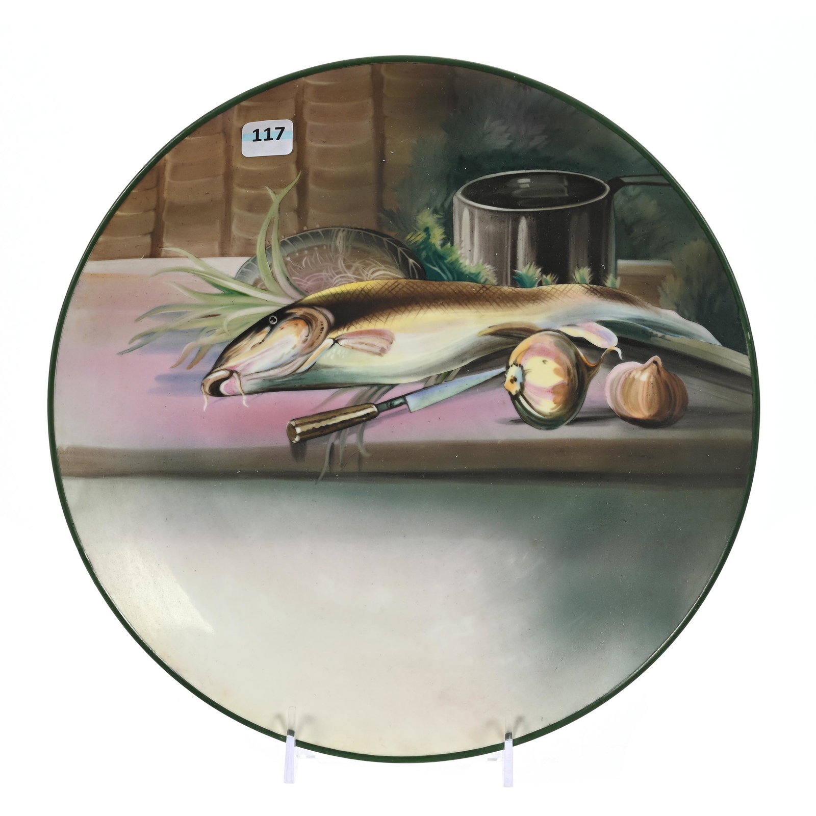 Charger Marked Nippon: Charger Marked Nippon, 12", Still Life Of Fish On Cutting Board, Elfriede & Marvin Miller Estate, ND.