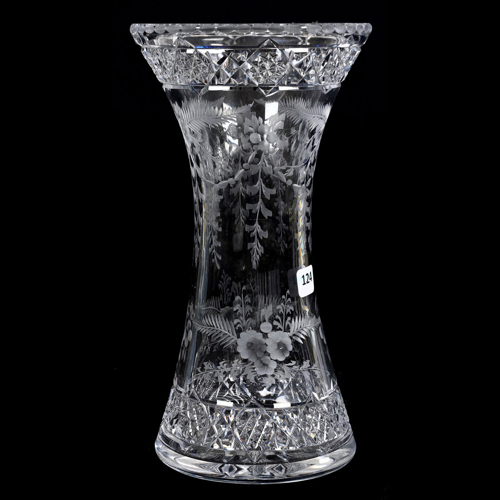 Vase, American Brilliant Cut Glass, Signed Hawkes: Vase, American Brilliant Cut Glass, Signed Hawkes, 11" x 5.75", Hobstar Chain Border With Engraved Floral Garland Motif, Brooklyn Star Base, Oklahoma Private Collection.