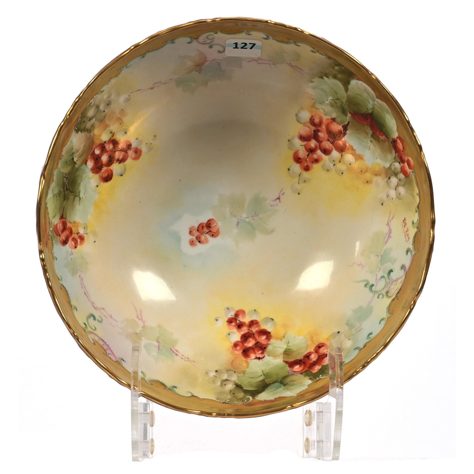 Pedestal Bowl Marked T&V Limoges: Pedestal Bowl Marked T&V Limoges, 4.5" x 9.5", Pink And Rust Tones, Currant Decor, Heavy Gold Interior Trim, Artist Signed Leroy, New Jersey Private Collection.