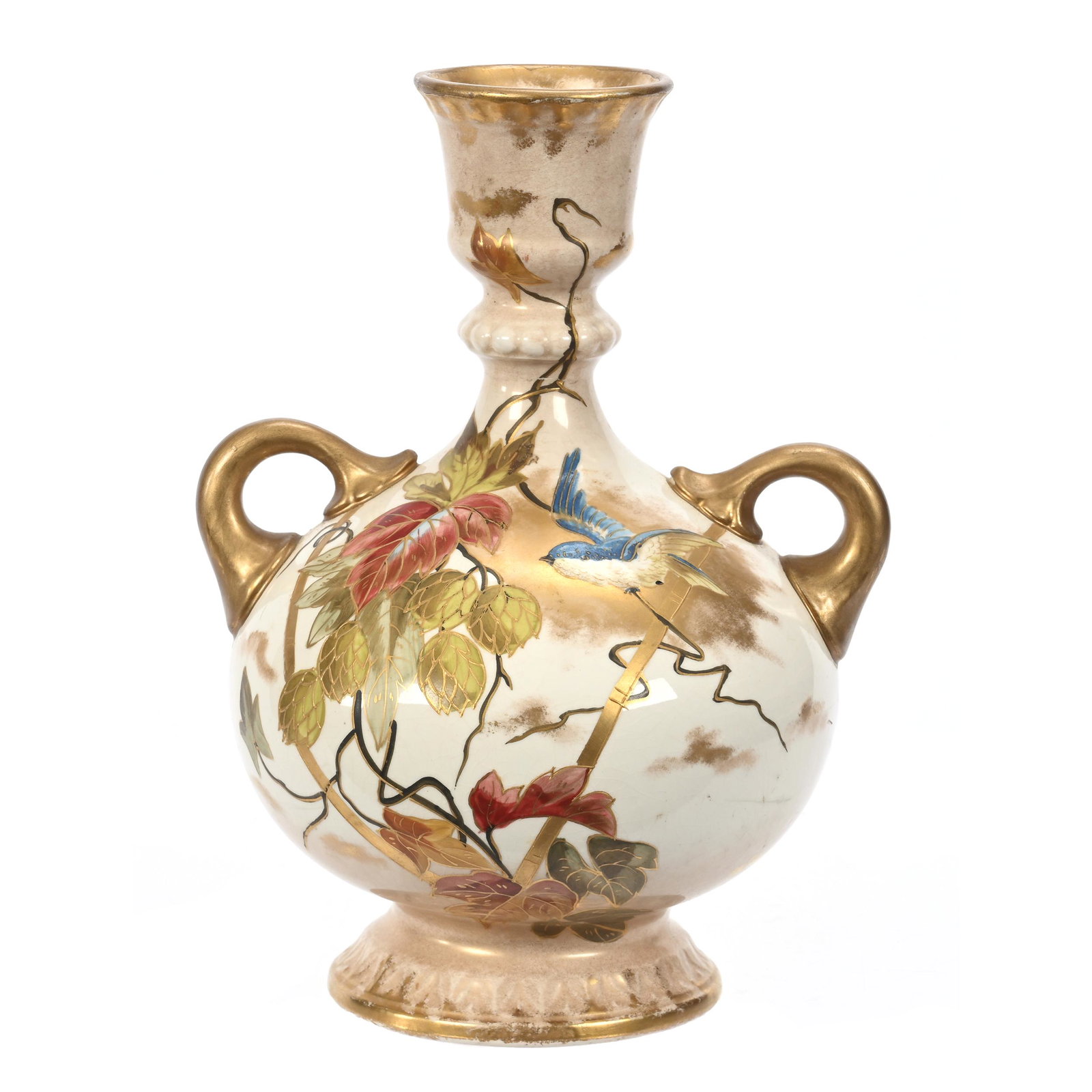 Pedestal Vase Marked Royal Bonn, Two Handles: Pedestal Vase Marked Royal Bonn, Two Handles, 9.75" x 7.25", Cream Tones, Colorful Bird, Vine, Blossom And Leaf Decor, Gold Trim Highlights, Elfriede & Marvin Miller Estate, ND.