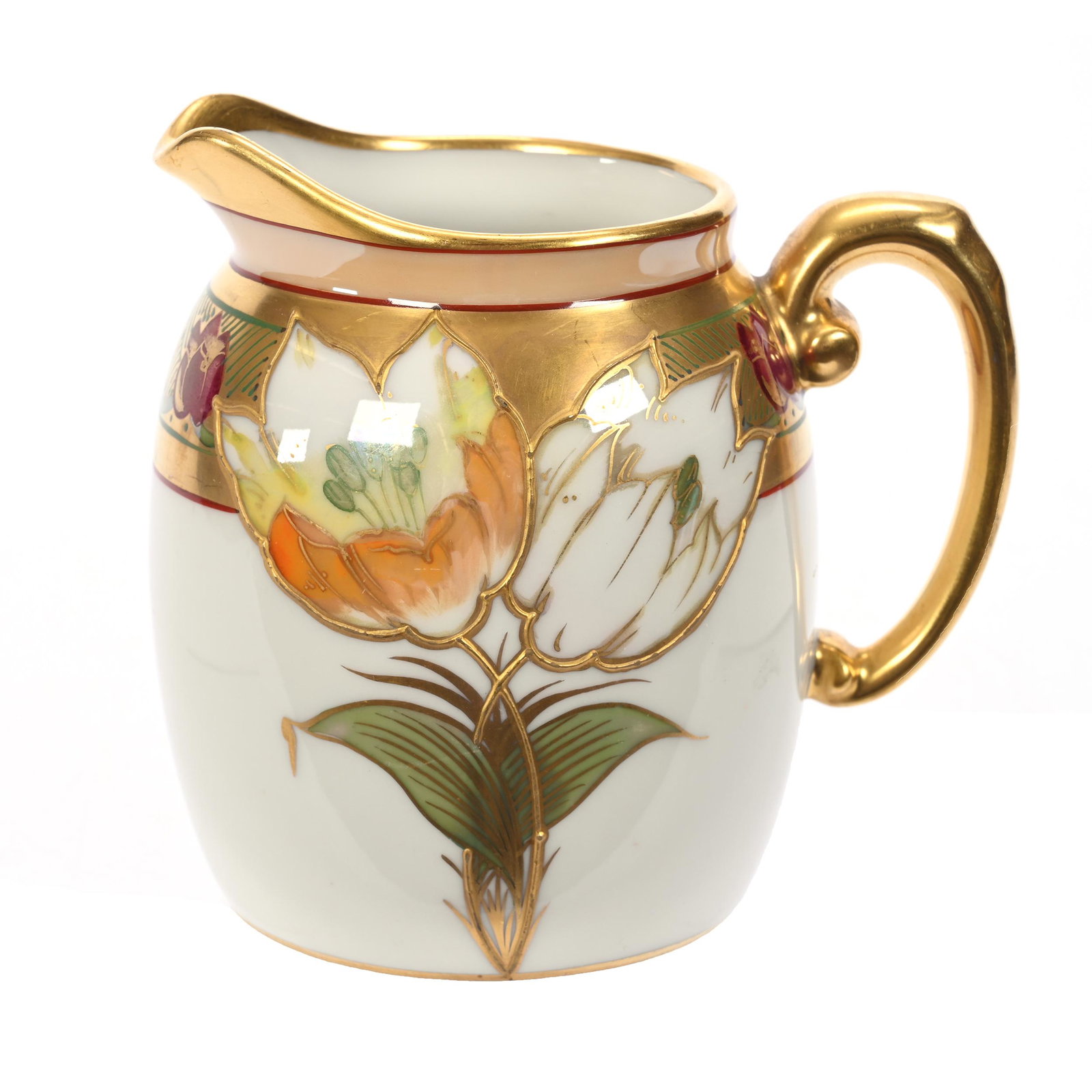 Creamer Marked Pickard, T&V Limoges Blank: Creamer Marked Pickard, T&V Limoges Blank, 4" x 4.25", Tulip In Luster Pattern, Iridescent White Ground With Tulips, Artist Signed Fisher (Emil Fischer), Texas Private Collection.