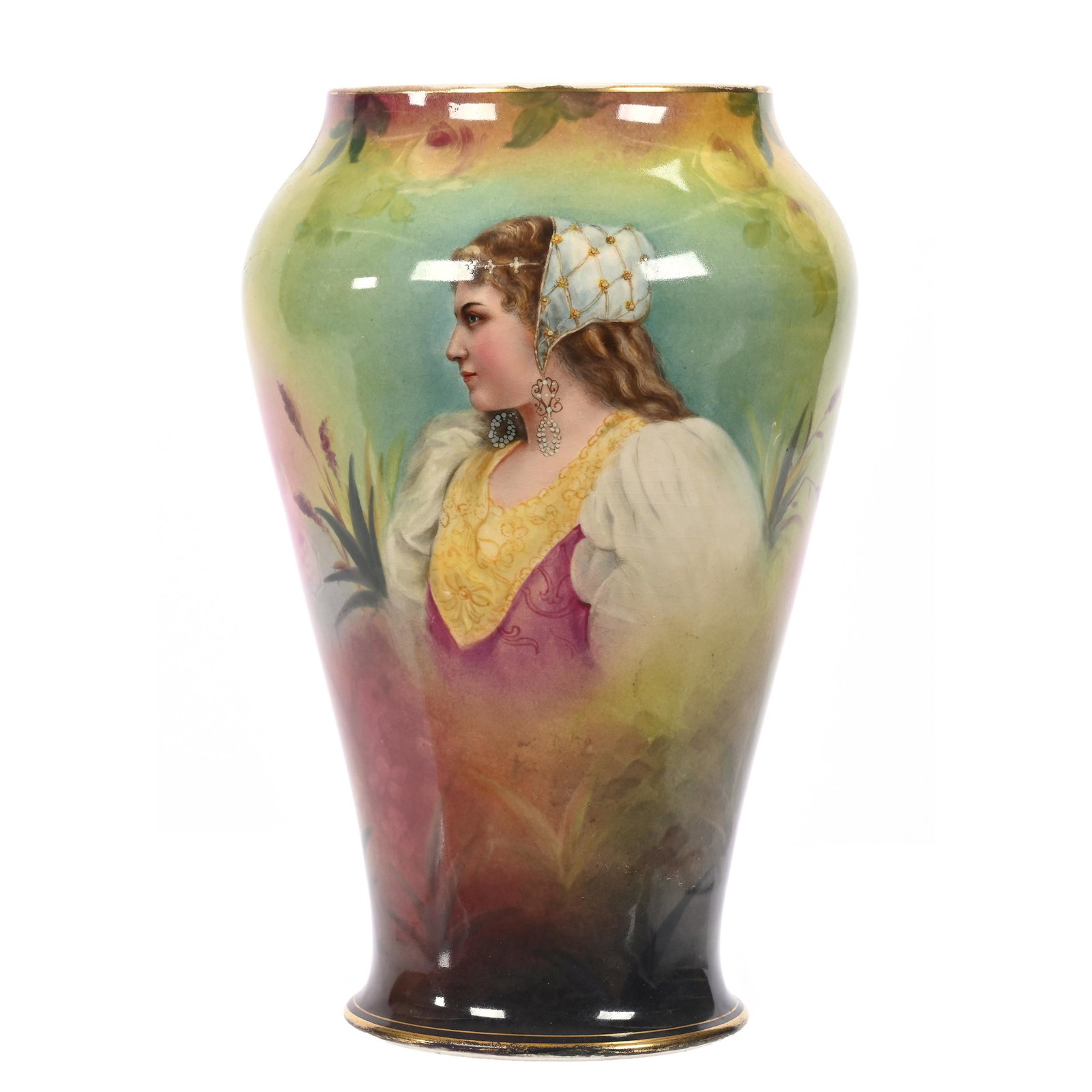 Vase Marked Royal Bonn: Vase Marked Royal Bonn, 10" x 6.5", Green, Yellow And Pink Tones, Portrait Of Young Woman In Fancy Dress, Artist Signed, Elfriede & Marvin Miller Estate, ND.