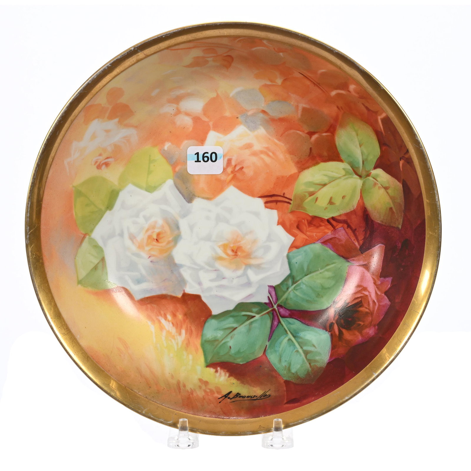 Bowl Marked Coronet Limoges: Bowl Marked Coronet Limoges, 9.75", Rust And Orange Tones, White And Pink Rose Decor, Artist Signed, New Jersey Private Collection.