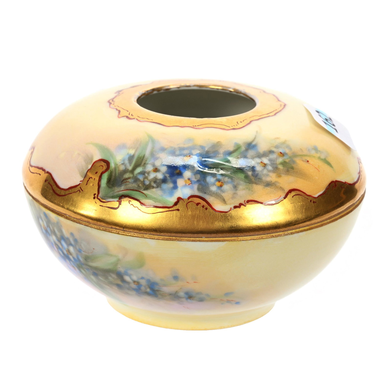 Hair Receiver Marked Pickard, T&V Limoges Blank: Hair Receiver Marked Pickard, T&V Limoges Blank, 2.75" x 4.25", Yellow Tones, Blue Floral Decor, Nice Gold Trim Highlights, Artist Signed, Mazzarella Collection.