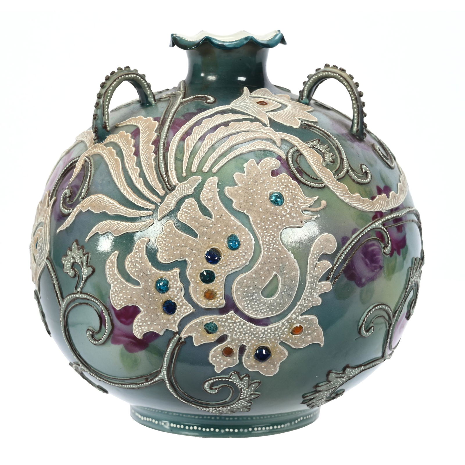 Bulbous Vase, Three Handles, Unmarked Nippon Style (1 of 3)