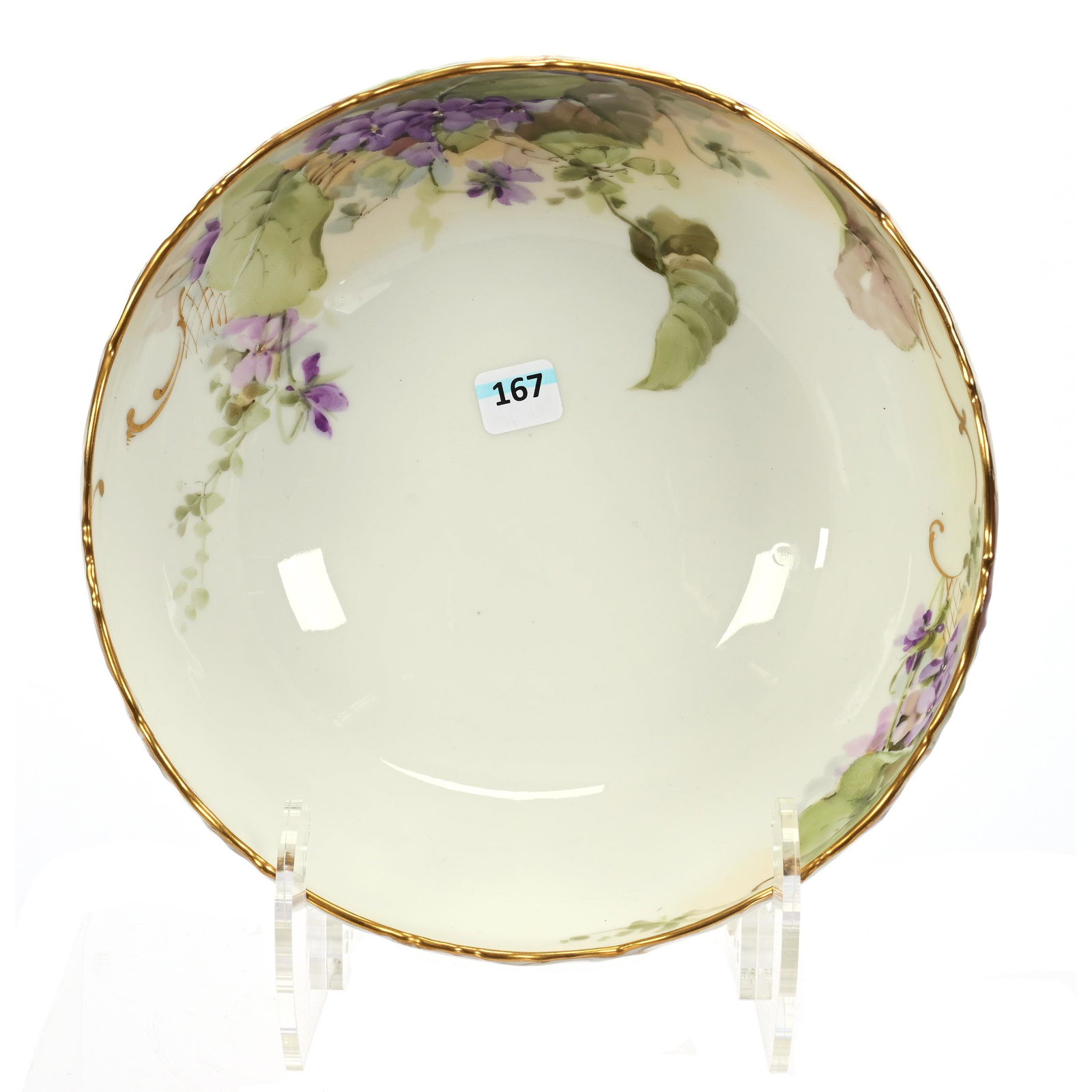 Pedestal Bowl Marked T&V Limoges: Pedestal Bowl Marked T&V Limoges, 4.25" x 9.5", White With Sold Pink Trim, Violet Floral Decor, Nice Gold Stencil Highlights, Artist Signed, Dated 1897, Texas Private Collection.