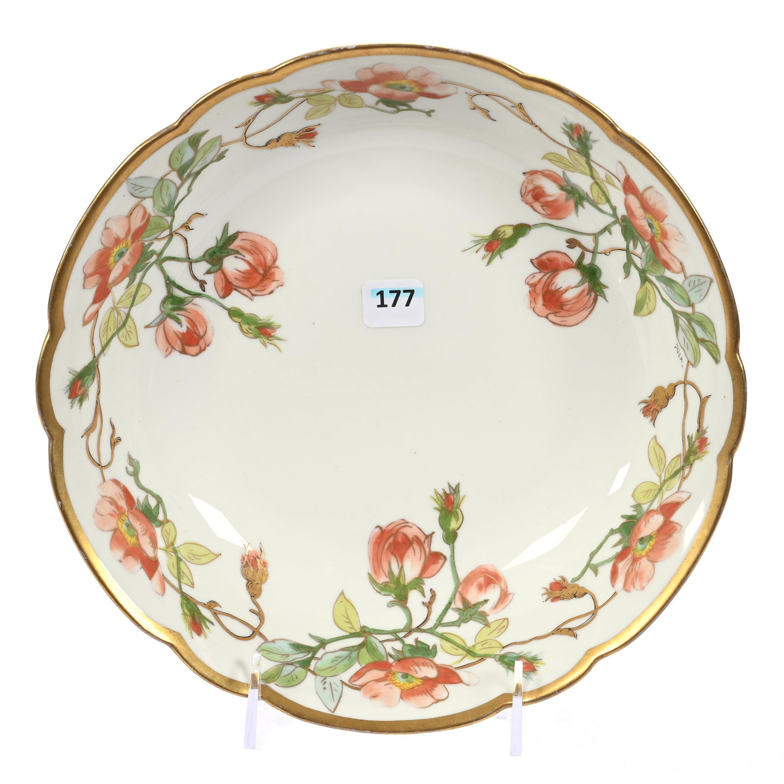 Bowl Marked Limoges: Bowl Marked Limoges, 9.75", White With Orange Floral Blossom Decor, Gold Trim Highlights, Artist Signed, New Jersey Private Collection.
