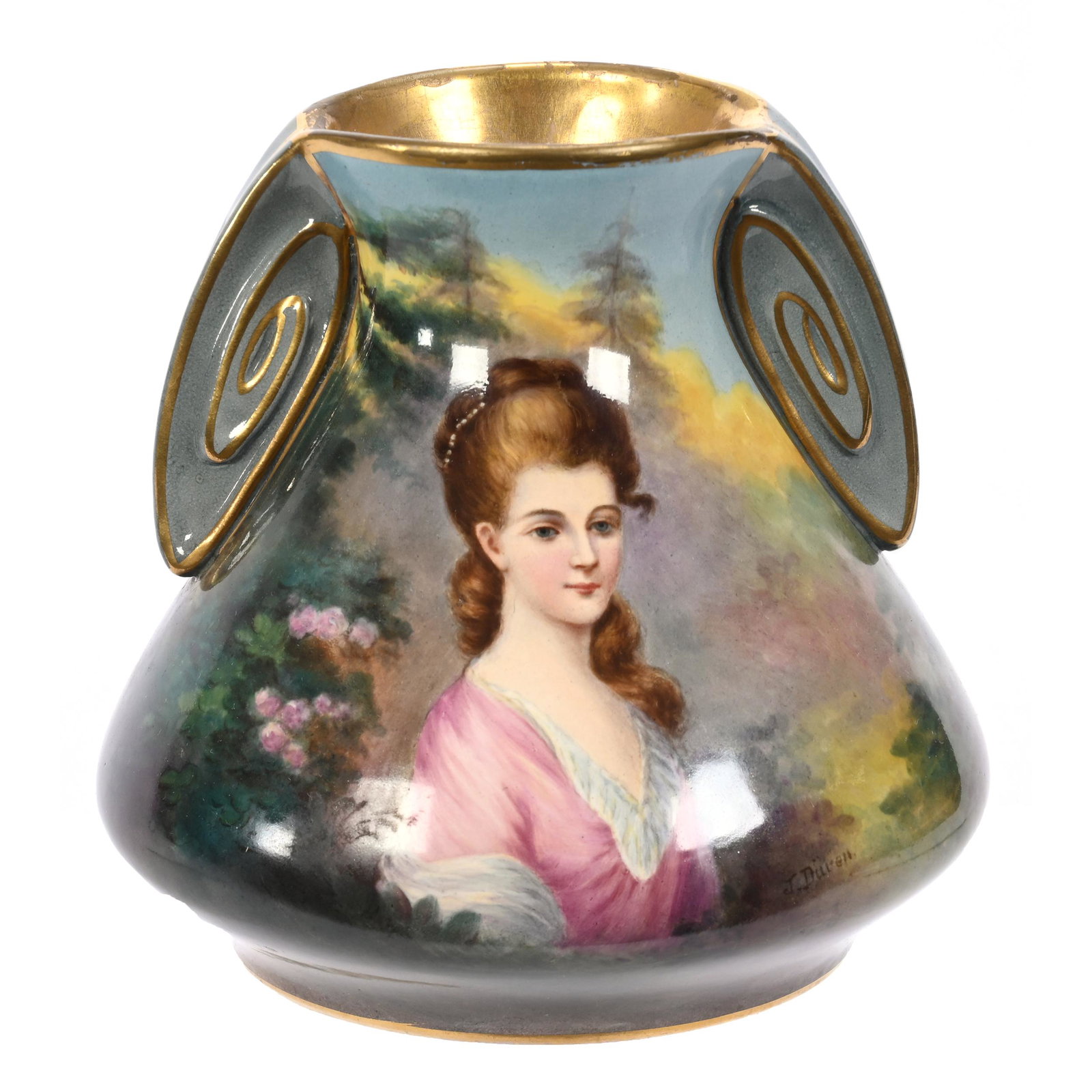 Vase Marked Royal Bonn, Two Handles: Vase Marked Royal Bonn, Two Handles, 5.75" x 5.75", Green, Blue And Yellow Tones, Portrait Of Young Woman, Nice Gold Trim Highlights, Artist Signed, Elfriede & Marvin Miller Estate, ND.