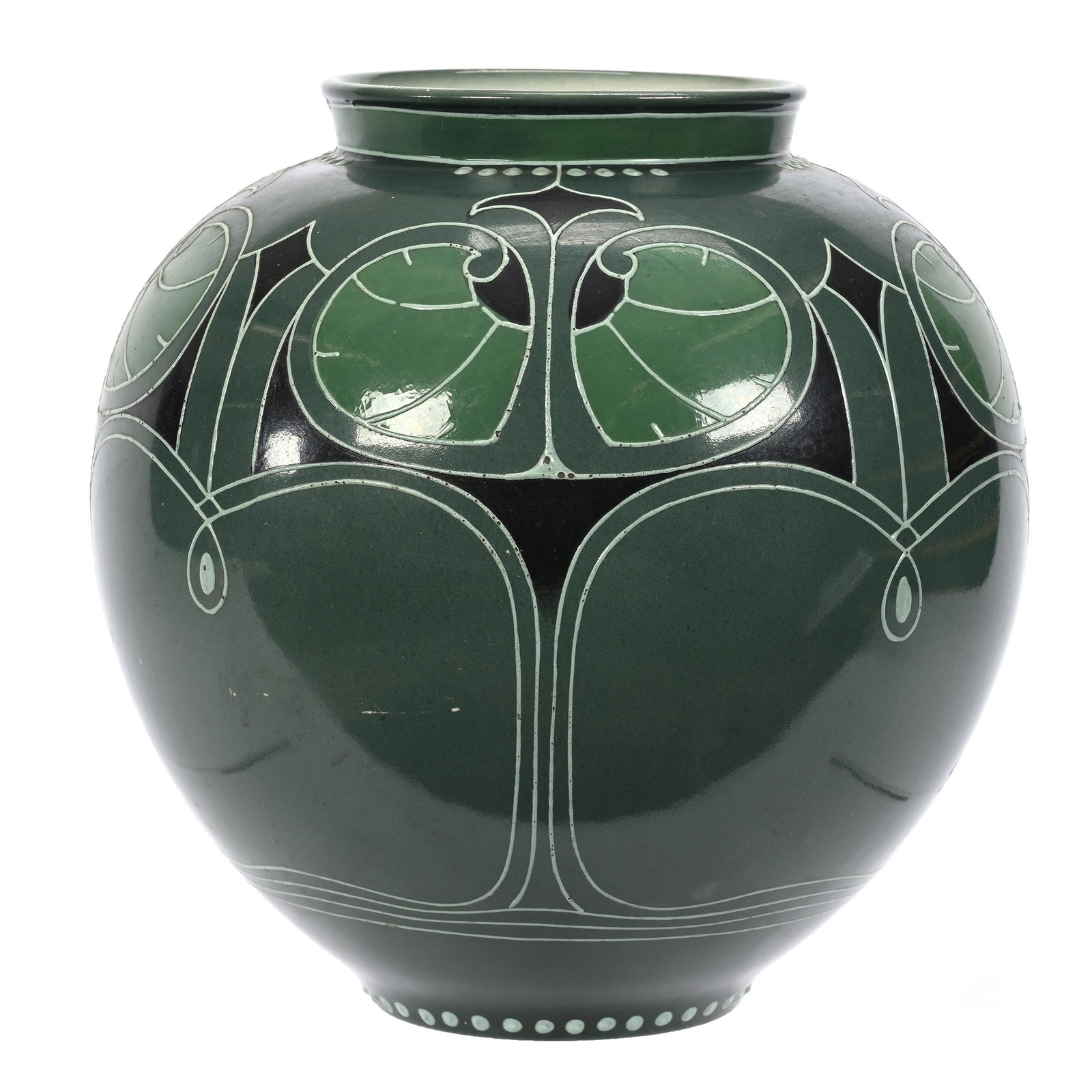 Vase Marked Royal Bonn: Vase Marked Royal Bonn, 8.25" x 8", Green And Black Art Deco Design, Light Enamel Highlights, Light Surface Scratches, Elfriede & Marvin Miller Estate, ND.