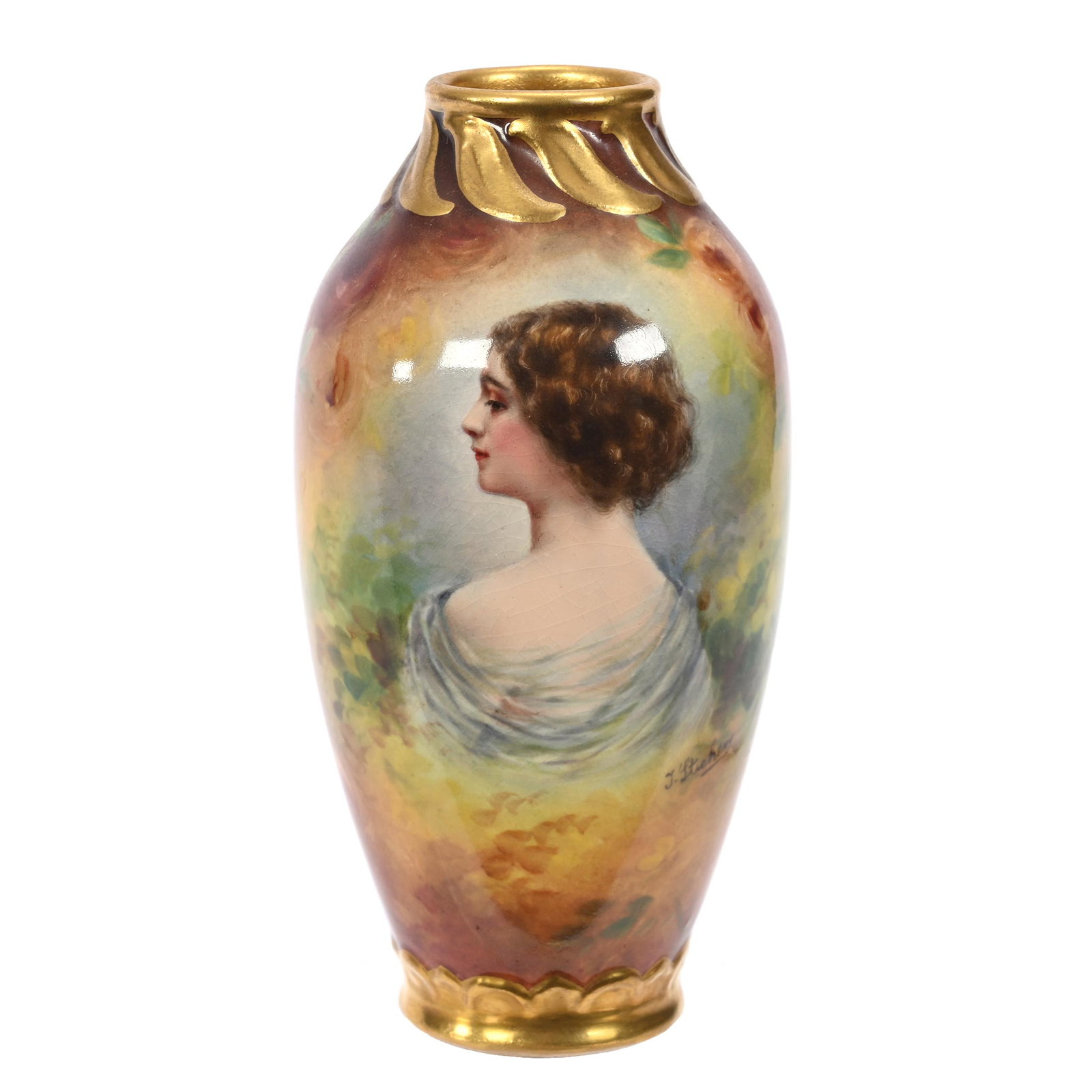 Vase, Unmarked Royal Bonn: Vase, Unmarked Royal Bonn, 5.75" x 3", Brown And Yellow Tones, Portrait Of Young Woman, Artist Signed, Elfriede & Marvin Miller Estate, ND.