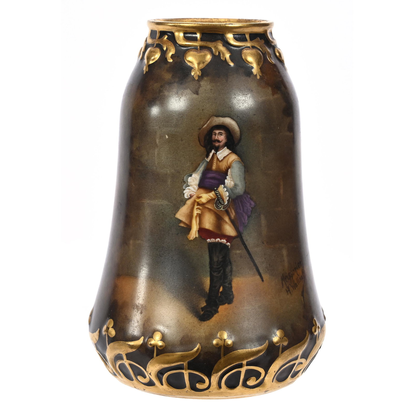 Vase Marked Royal Bonn: Vase Marked Royal Bonn, 6.75" x 4.5", Dark Brown And Gray Tones, Cavalier Scenic Decor, Nice Embossed Gold Trim Highlights, Artist Signed Meissonier H. Wallfaff, Elfriede & Marvin Miller Estate, ND.