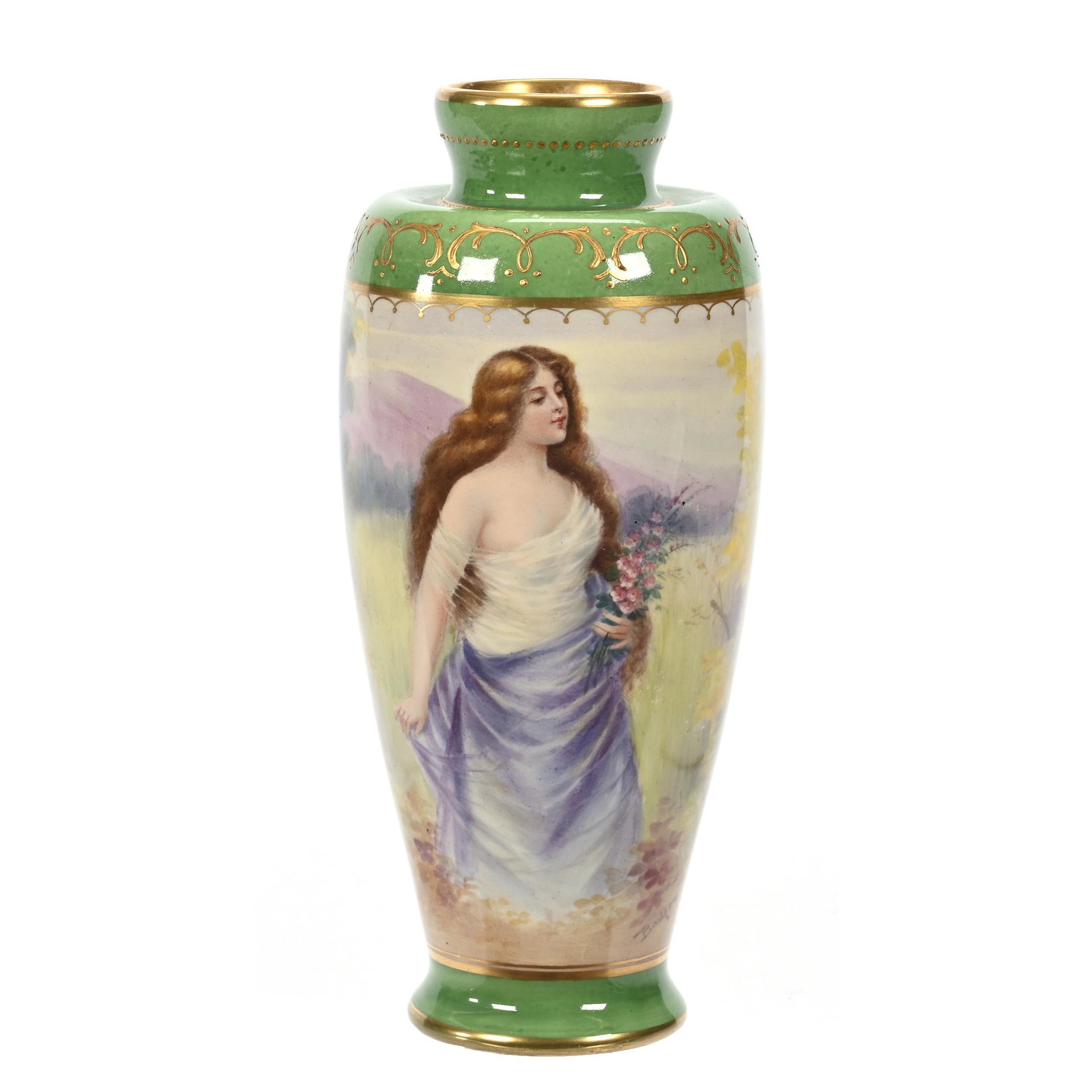 Vase Marked Royal Bonn: Vase Marked Royal Bonn, 7.75" x 3.25", Young Woman In Field, Green Border Trim, Gold Highlights, Artist Signed, Elfriede & Marvin Miller Estate, ND.