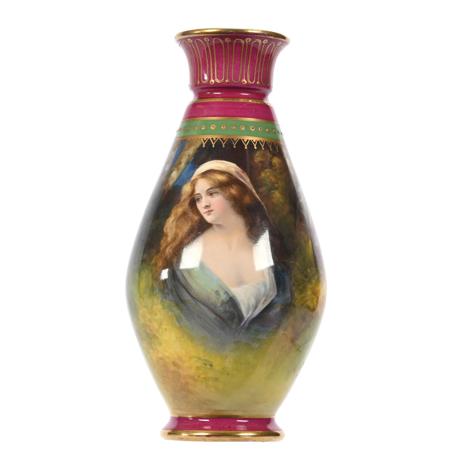 Vase Marked Royal Bonn: Vase Marked Royal Bonn, 7.75" x 3.75", Scene Of Young Woman, Green And Maroon Border, Gold Trim Highlights, Artist Signed, Elfriede & Marvin Miller Estate, ND.