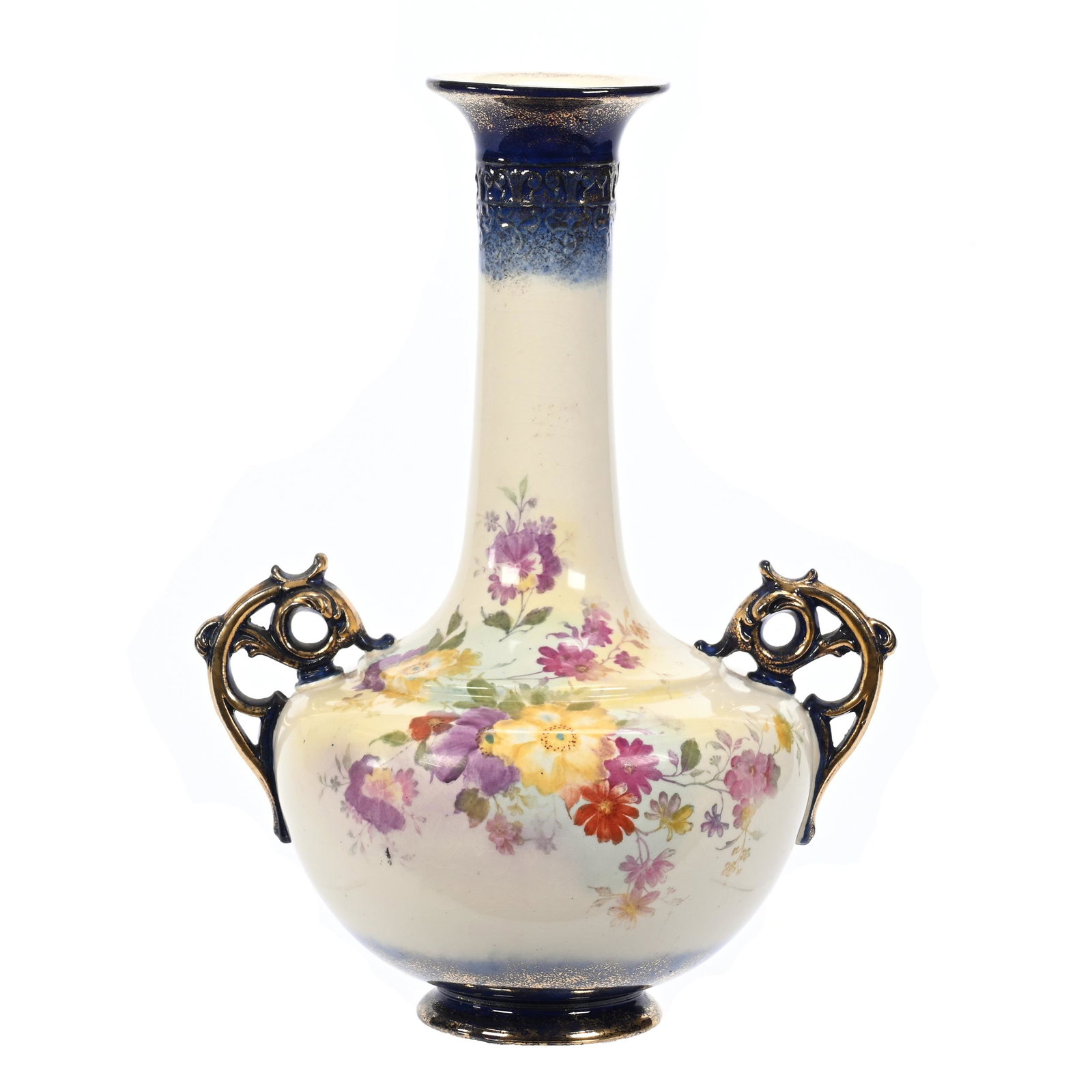 Vase Marked Royal Bonn, Two Handles: Vase Marked Royal Bonn, Two Handles, 14.25" x 10.5", Cream Tones, Cobalt Blue Trim, Colorful Floral Decor, Gold Stencil Highlights, Elfriede & Marvin Miller Estate, ND.
