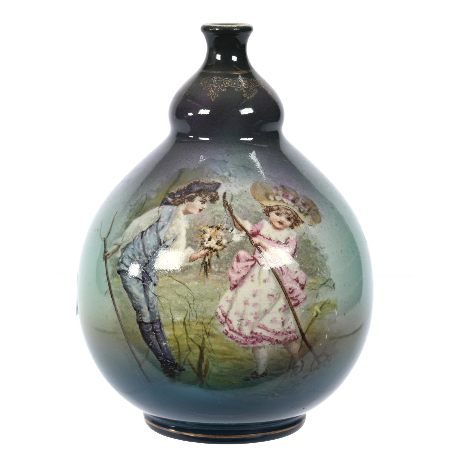 Vase Marked Royal Bonn: Vase Marked Royal Bonn, 5.75" x 4", Gourd Shape, Blue And Green Tones, Young Boy Courting Girl In Field, Some Light Surface Specks, Elfriede & Marvin Miller Estate, ND.