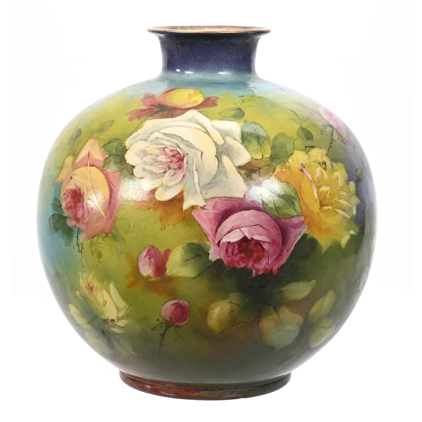 Bulbous Vase Marked Royal Bonn: Bulbous Vase Marked Royal Bonn, 10.5" x 10", Blue And Green Tones, Rose Decor, Elfriede & Marvin Miller Estate, ND.