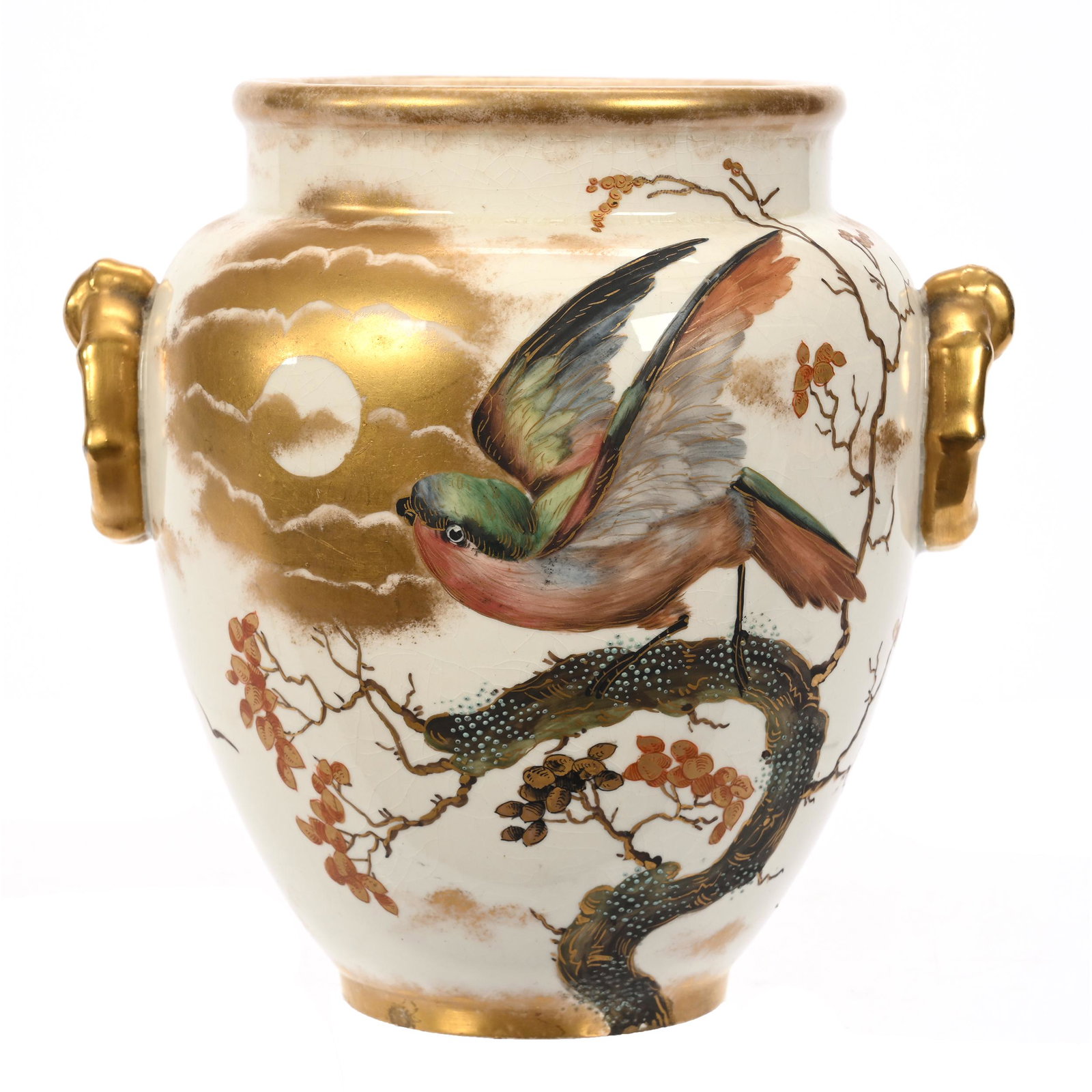 Vase Marked Royal Bonn, Two Handles: Vase Marked Royal Bonn, Two Handles, 6.5" x 6.5", Cream Tones, Colorful Bird And Branch Decor Under Moonlight, Elfriede & Marvin Miller Estate, ND.