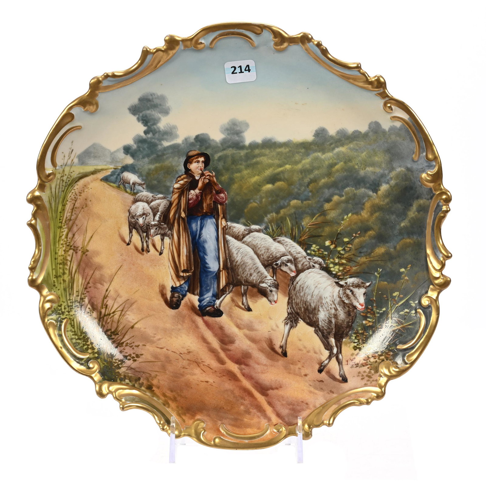 Charger Marked B&H Limoges: Charger Marked B&H Limoges, 12.5", Shepherd Playing Flute With Herd Of Sheep, Artist Signed, Nice Gold Trim, New Jersey Private Collection.