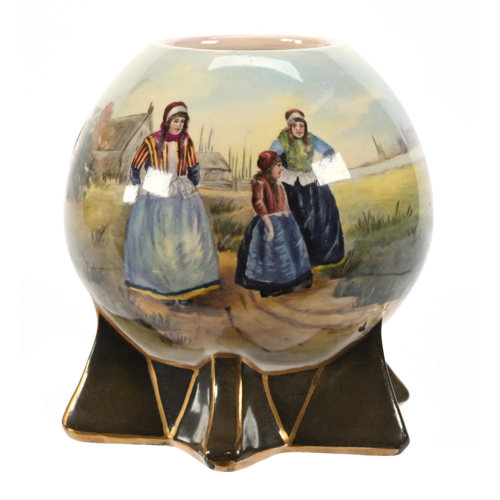 Bulbous Vase Marked Royal Bonn: Bulbous Vase Marked Royal Bonn, 5" x 4.5", Star Crimped Base, Colorful Classic Dutch Scenic Decor, Elfriede & Marvin Miller Estate, ND.