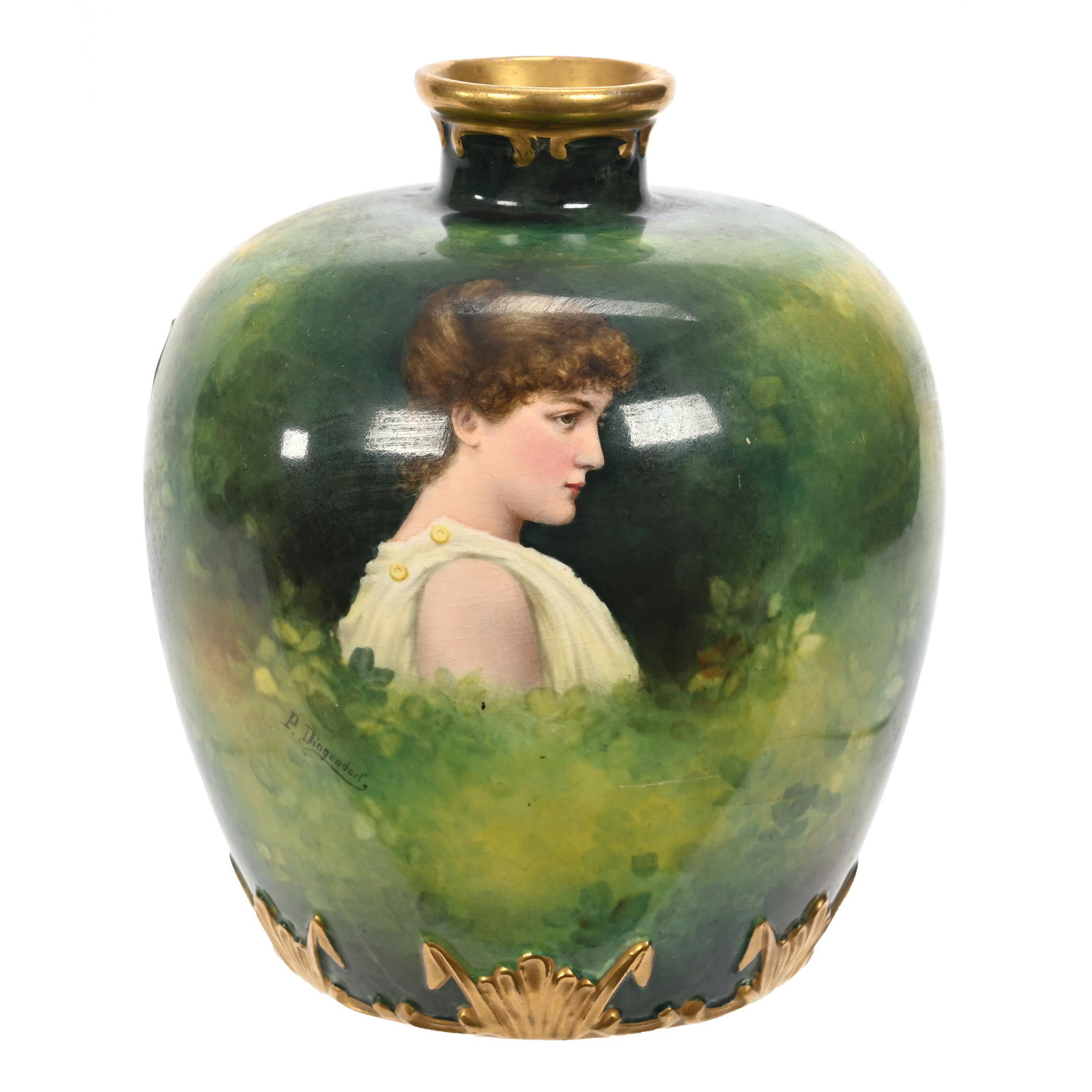 Vase Marked Royal Bonn: Vase Marked Royal Bonn, 7" x 6", Green And Yellow Tones, Portrait Of Young Woman, Gold Trim Highlights, Artist Signed, Elfriede & Marvin Miller Estate, ND.