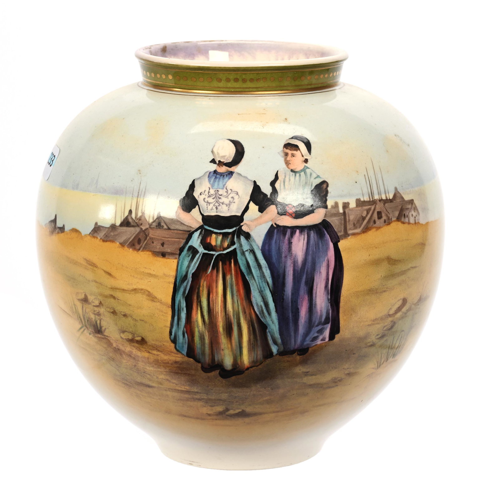 Vase Marked Royal Bonn: Vase Marked Royal Bonn, 8.25" x 8", White, Blue And Cream Tones, Dutch Harbor Scenic Decor Featuring Two Women, Elfriede & Marvin Miller Estate, ND.
