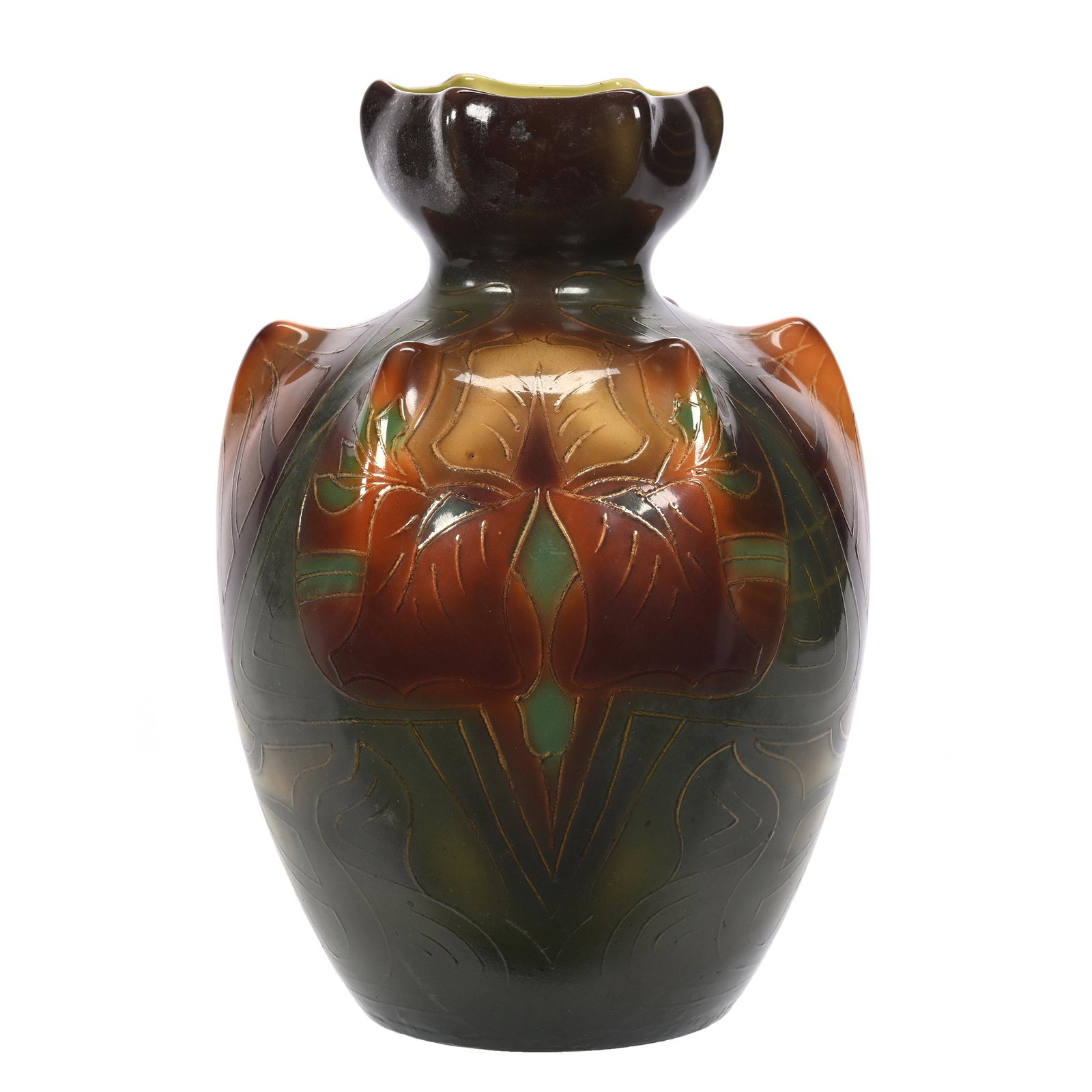 Vase Marked Royal Bonn: Vase Marked Royal Bonn, 10.25" x 7", Art Nouveau Design With Green And Brown Tones, Embossed Mold, Elfriede & Marvin Miller Estate, ND.