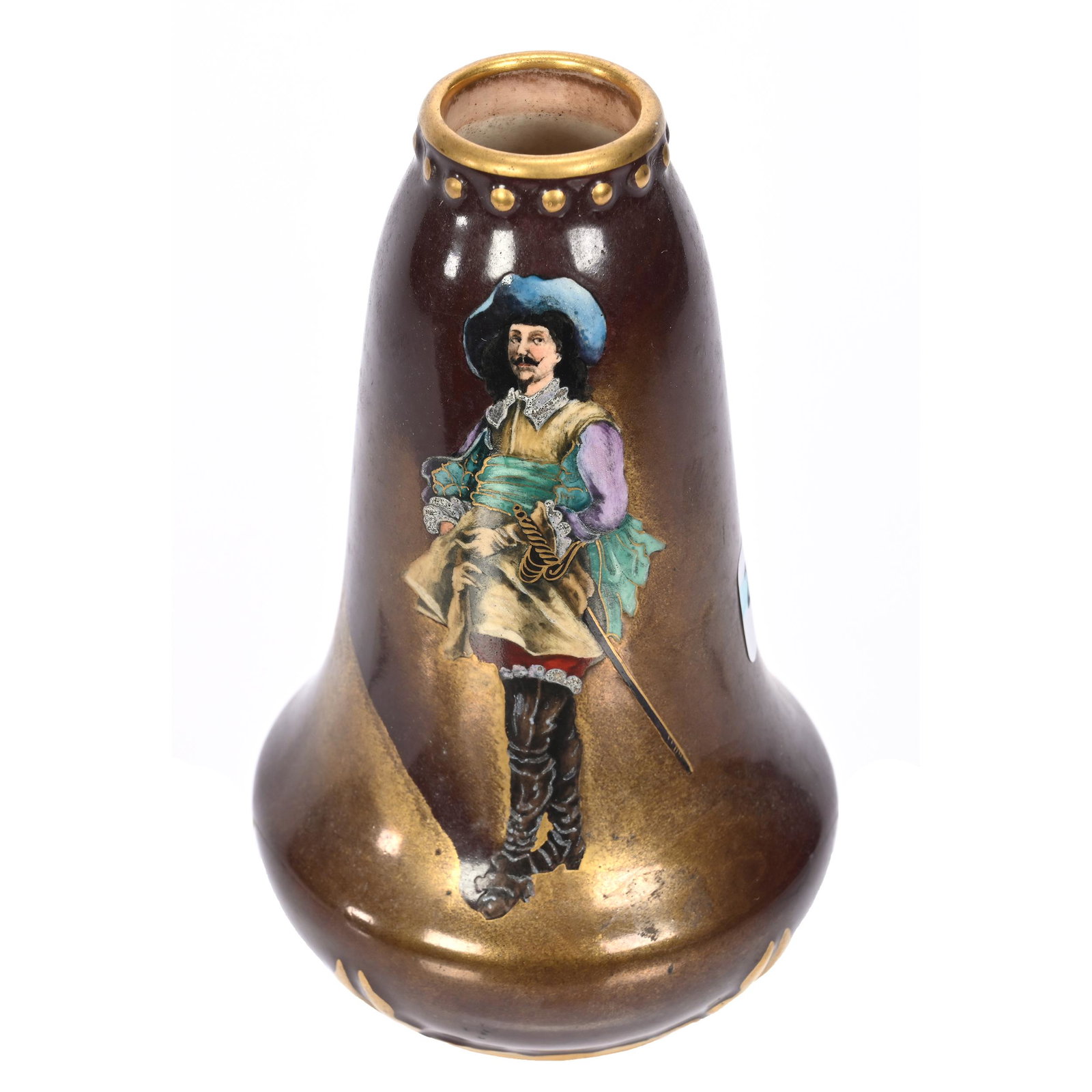 Vase Marked Royal Bonn: Vase Marked Royal Bonn, 5.5" x 3.25", Brown Tones, Cavalier Scenic Decor, Nice Gold Trim Highlights, Elfriede & Marvin Miller Estate, ND.