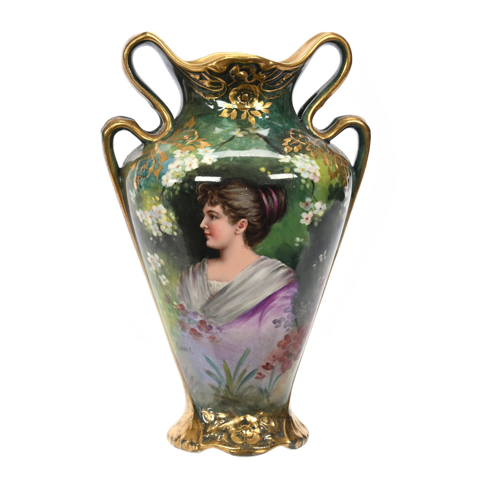 Vase Marked Royal Bonn, Two Handles: Vase Marked Royal Bonn, Two Handles, 8.25" x 5.25", Beautiful Portrait Of Young Woman Amongst Trees And Lake, Nice Gold Trim Highlights, Artist Signed, Elfriede & Marvin Miller Estate, ND.