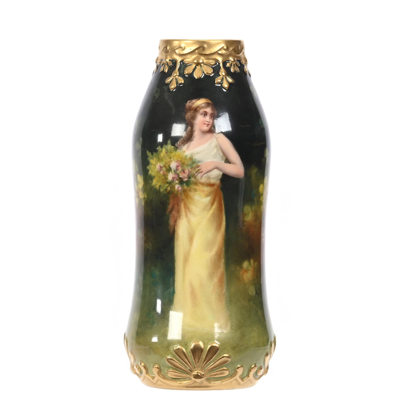 Vase Marked Royal Bonn: Vase Marked Royal Bonn, 8.75" x 3.75", Green And Yellow Tones, Scene Of Young Woman Holding Floral Bouquet, Nice Gold Trim Highlights, Artist Signed, Elfriede & Marvin Miller Estate, ND.