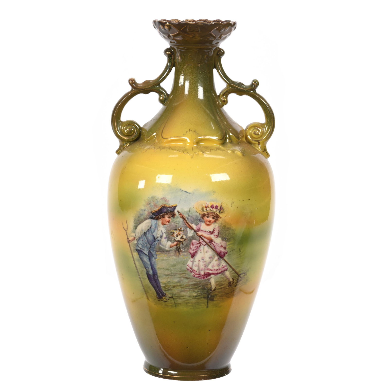 Vase Marked Royal Bonn, Two Handles: Vase Marked Royal Bonn, Two Handles, 10.25" x 4.75", Green And Yellow Tones, Young Boy Courting Girl In Field, Elfriede & Marvin Miller Estate, ND.