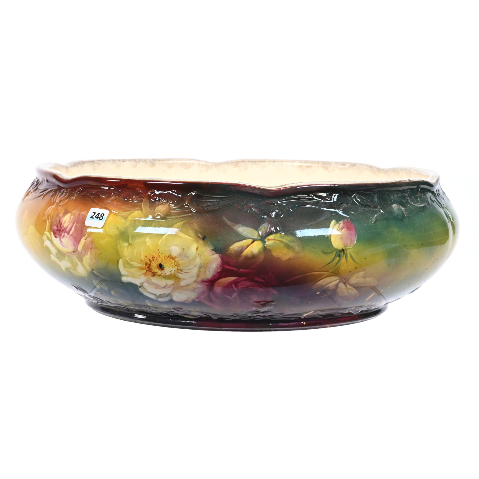 Large Bowl Marked Royal Bonn: Large Bowl Marked Royal Bonn, 5.5" x 17.5", Green, Yellow And Brown Tones, Floral Decor, New Jersey Private Collection.
