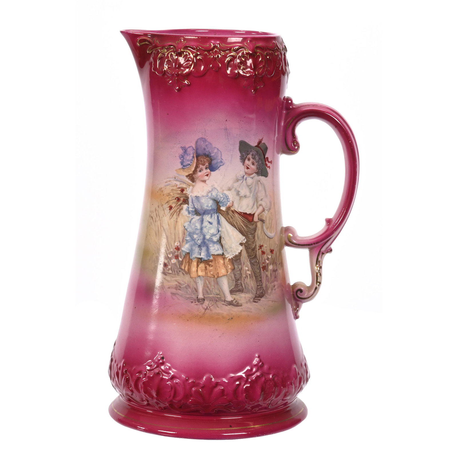 Pitcher Marked Royal Bonn: Pitcher Marked Royal Bonn, 12.25" x 7", Pink Tones, Two Over Dressed Children Harvesting Wheat, Elfriede & Marvin Miller Estate, ND.
