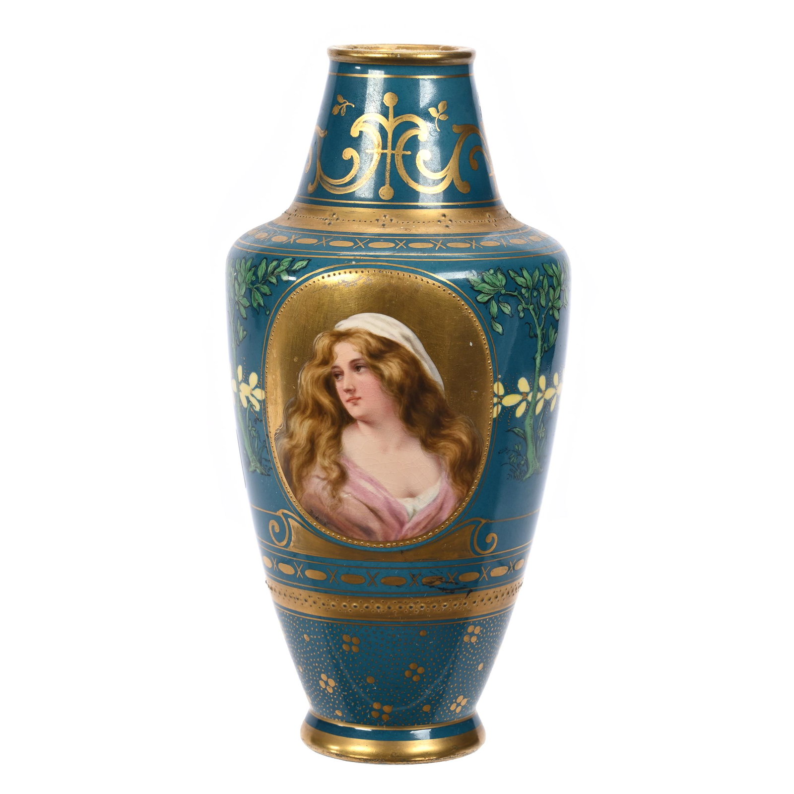 Vase Marked Royal Bonn: Vase Marked Royal Bonn, 8" x 4", Turquoise Ground With Medallion Portrait Of Young Woman, Scenic Medallion On Reverse, Heavy Gold Stencil Highlights, Two Faint Hairlines On Rim, New Jersey Private Col