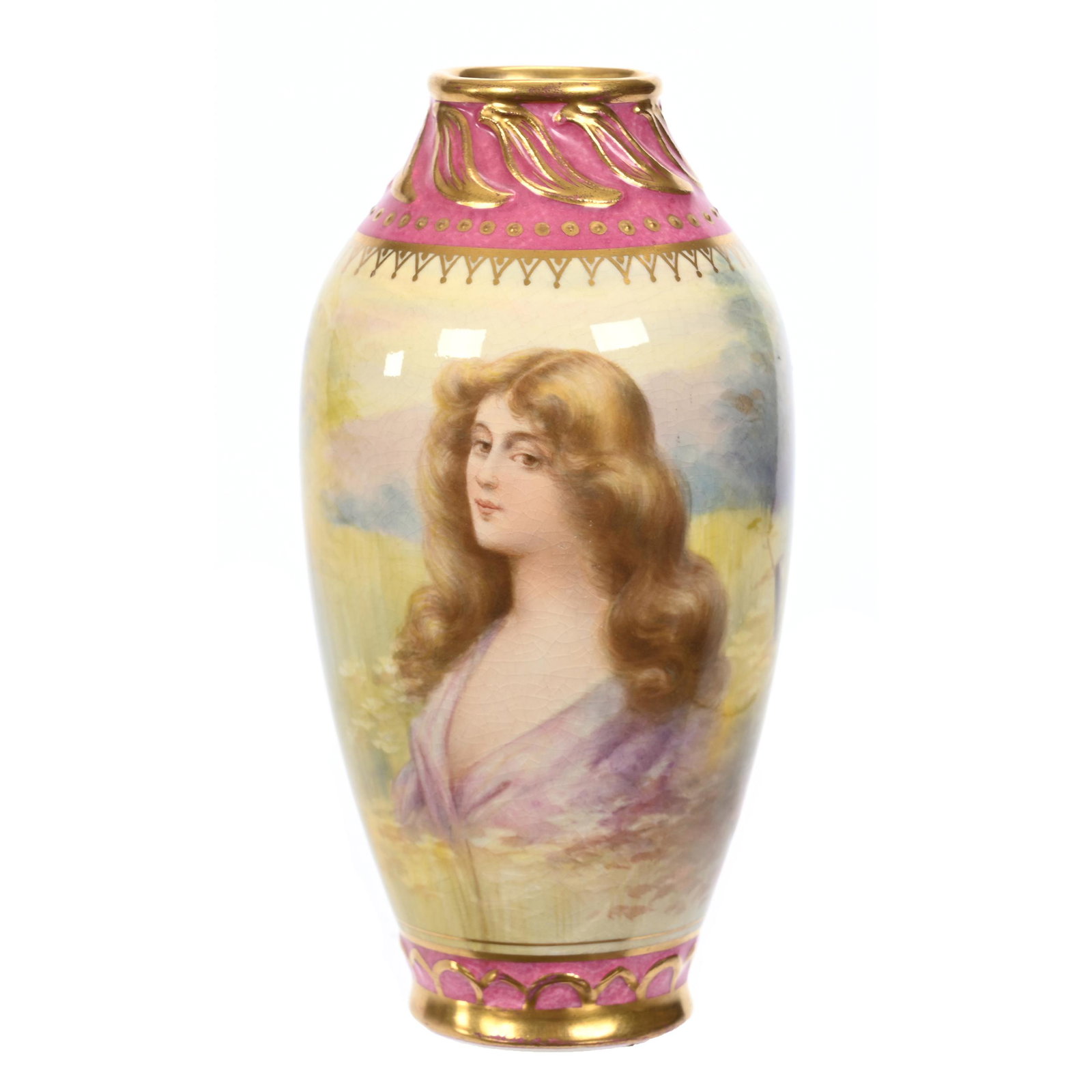 Vase Marked Royal Bonn: Vase Marked Royal Bonn, 5.75" x 3", Portrait Of Young Woman, Pink Border, Embossed Gold Trim Highlights, Artist Signed, New Jersey Private Collection.