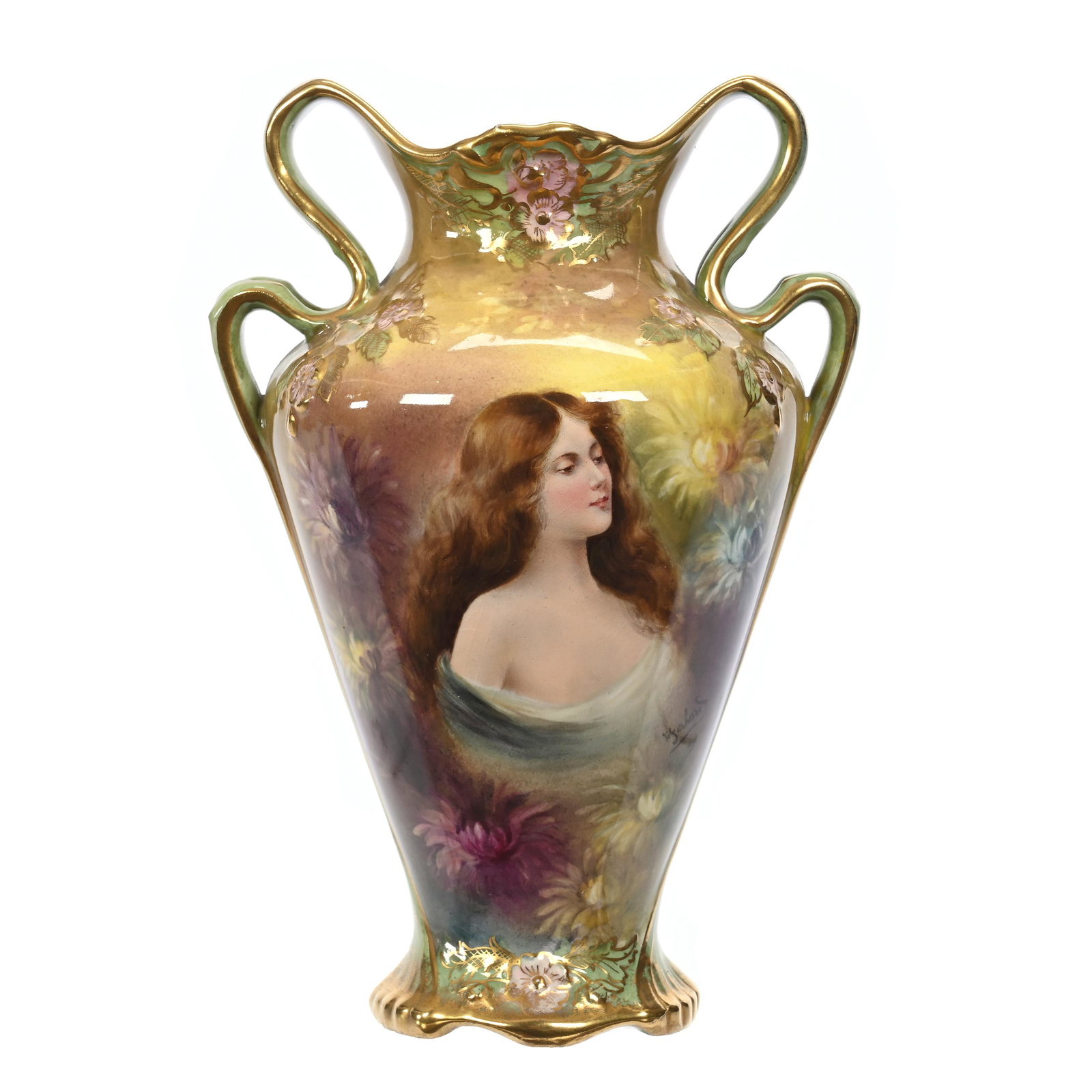 Vase Marked Royal Bonn, Two Handles: Vase Marked Royal Bonn, Two Handles, 8.25" x 5.5", Beautiful Portrait Of Young Woman Among Flowers, Nice Gold Trim Highlights, Artist Signed, Elfriede & Marvin Miller Estate, ND.