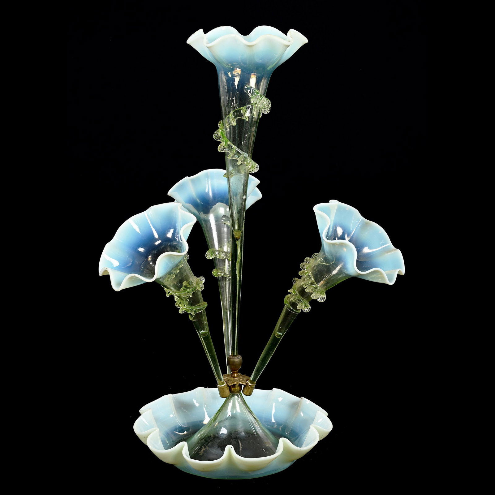 Epergne, Four Lily, Vaseline Opalescent Art Glass: Epergne, Four Lily, Vaseline Opalescent Art Glass, 21.5" x 10.25", Applied Rigoree Highlights, End Of Applie Rigoree On Large Lily Is Broken Off, Elfriede & Marvin Miller Estate, ND.