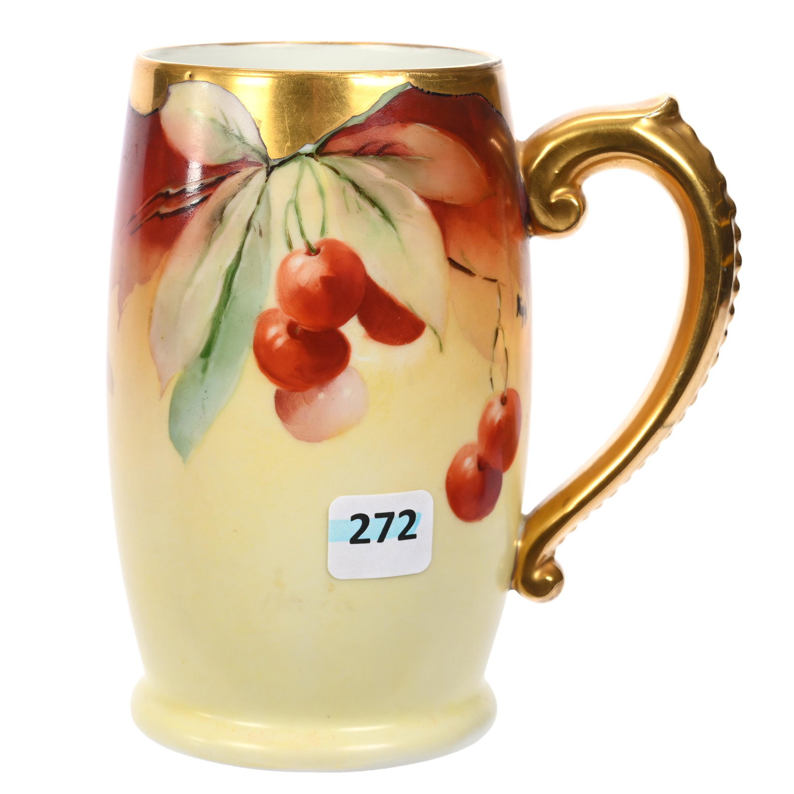 Mug Marked Lk (Lukin) Arts Goods (Unidentified): Mug Marked Lk (Lukin) Arts Goods (Unidentified), 5.75" x 5", Rust And Yellow Tones, Cherry Decor, Heavy Gold Trim, Artist Signed Nigh, Mazzarella Collection.