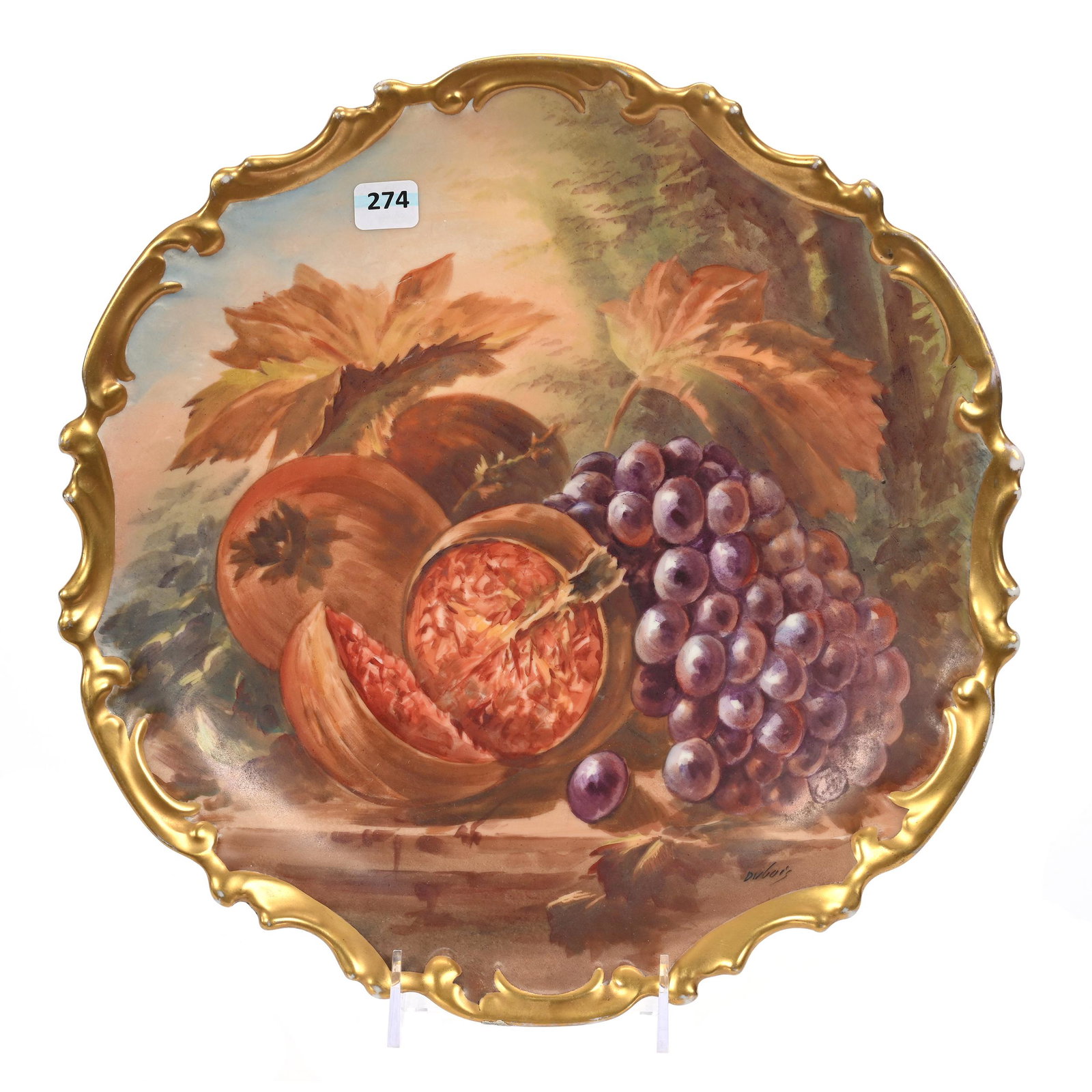 Charger Marked L.S.&S. Limoges: Charger Marked L.S.&S. Limoges, 13.25", Still Life Fruit Decor, Gold Trim, Artist Signed Dubois, New Jersey Private Collection.