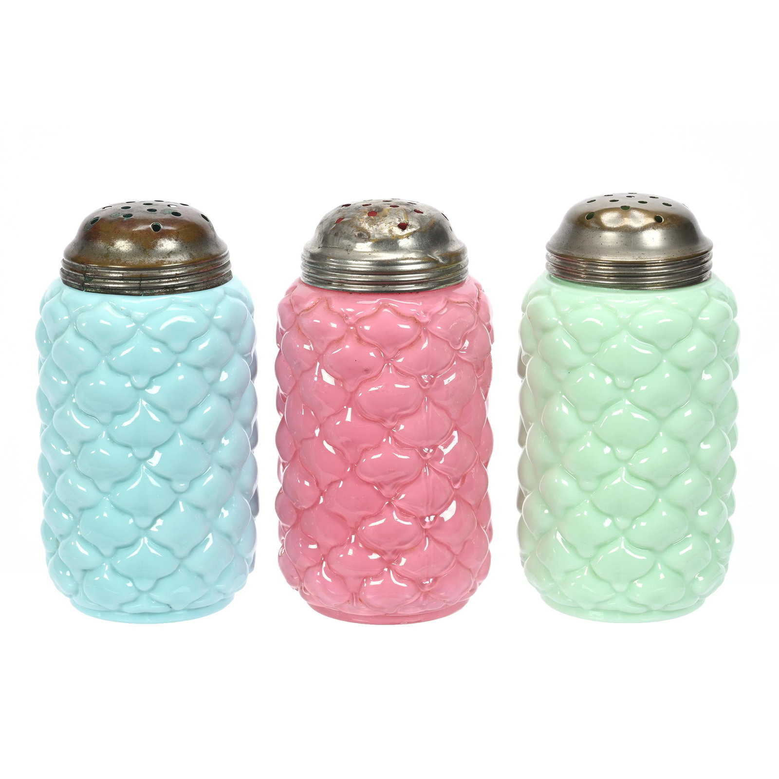 (3) Sugar Shakers, Pinecone Pattern, Opaque Art Glass: (3) Sugar Shakers, Pinecone Pattern, Opaque Art Glass, 5.25" x 2.75", (1) Pink, (1) Blue, (1) Green, Indiana Private Collection.