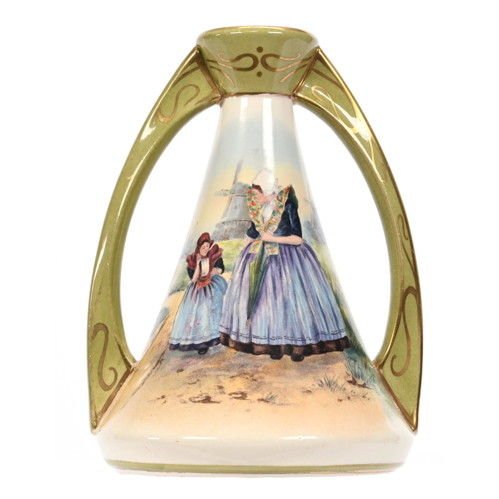 Vase Marked Royal Bonn, Two Handles: Vase Marked Royal Bonn, Two Handles, 8.75" x 6.5", Cream And Green Tones, Classic Dutch Scenic Decor, Elfriede & Marvin Miller Estate, ND.