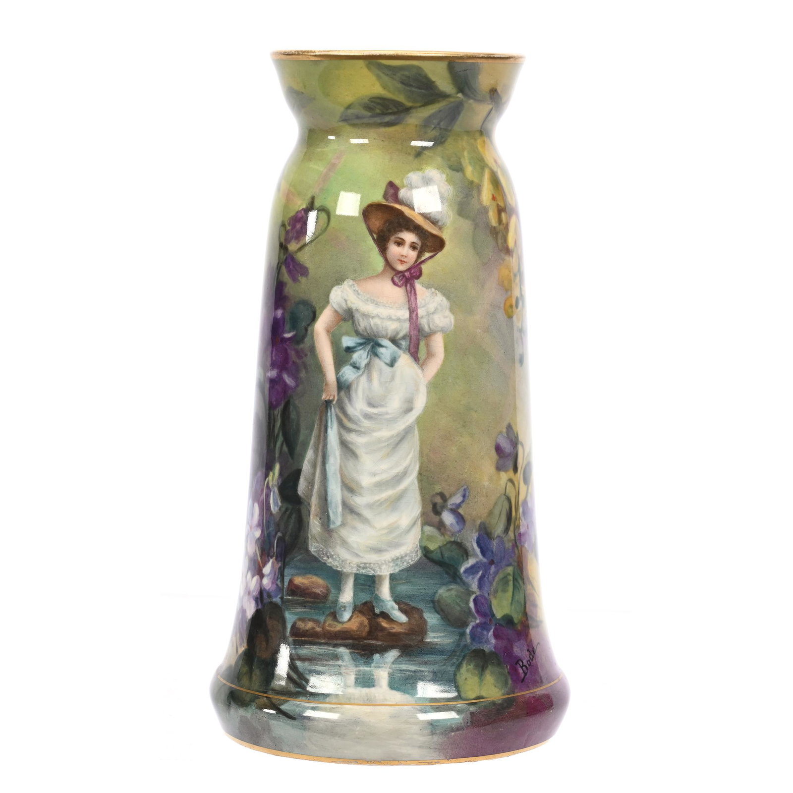 Vase Marked Royal Bonn: Vase Marked Royal Bonn, 8.75" x 4.5", Young Woman Crossing Creek On Steppingstones, Artist Signed Bode, Elfriede & Marvin Miller Estate, ND.