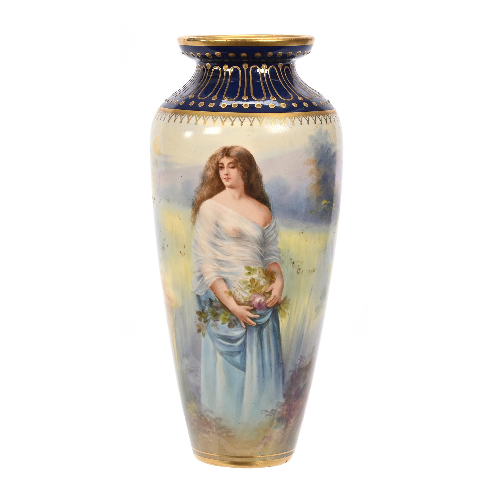 Vase Marked Royal Bonn: Vase Marked Royal Bonn, 7.75" x 3.5", Beautiful Scene Of Young Woman In Field, Cobalt Blue Border, Nice Gold Trim, Artist Signed Bode, Elfriede & Marvin Miller Estate, ND.