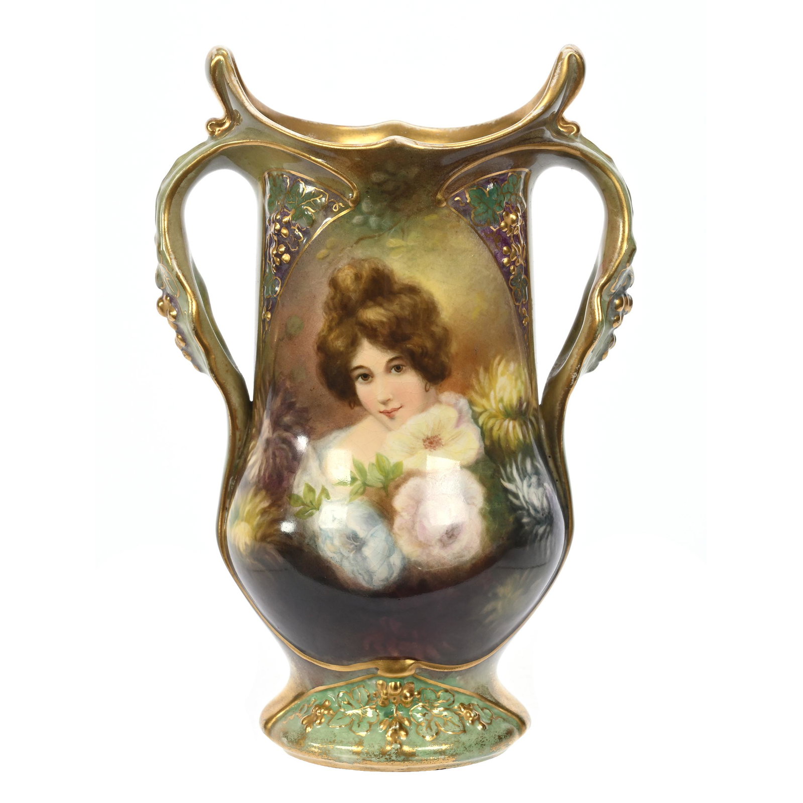 Vase Marked Royal Bonn, Two Handles: Vase Marked Royal Bonn, Two Handles, 8.5" x 5.75", Young Woman Surrounded By Flowers, Nice Quality, Elfriede & Marvin Miller Estate, ND.