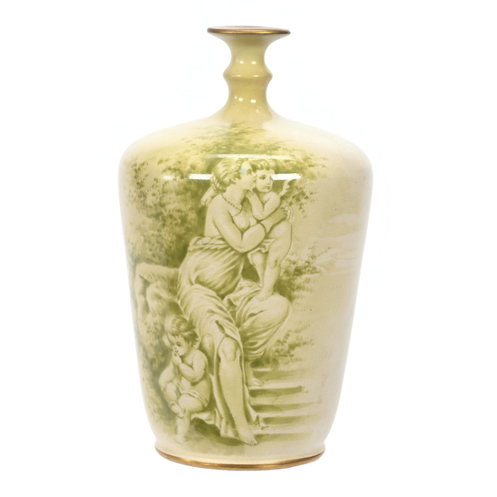 Vase Marked Royal Bonn: Vase Marked Royal Bonn, 6.75" x 4", Two Tone Cream And Green With Scene Of Woman And Two Cherubs, Professional Rim Repair, Elfriede & Marvin Miller Estate, ND.