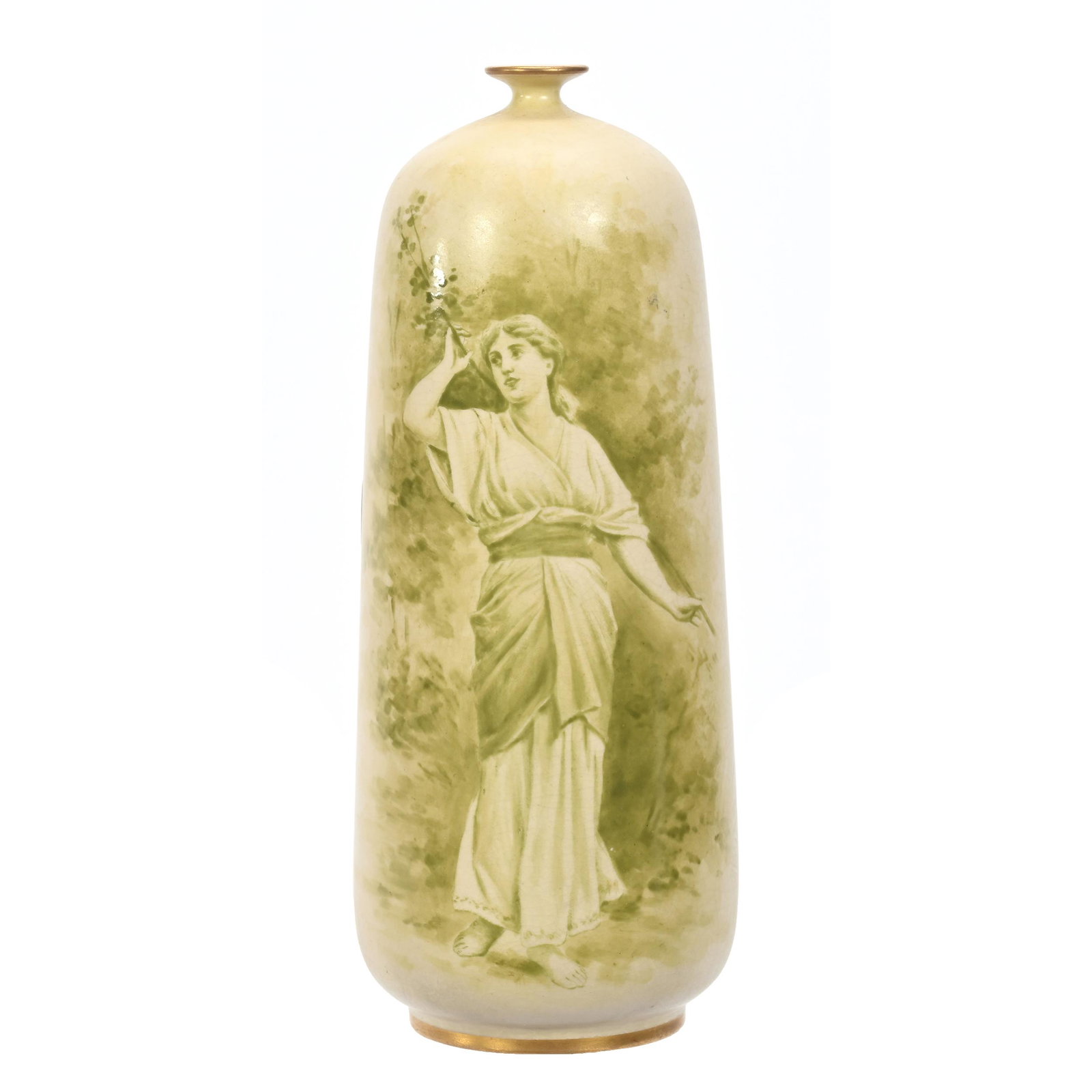 Vase Marked Royal Bonn: Vase Marked Royal Bonn, 8.25" x 3.25", Two Tone Cream And Green With Scene Of Woman Walking, Elfriede & Marvin Miller Estate, ND.