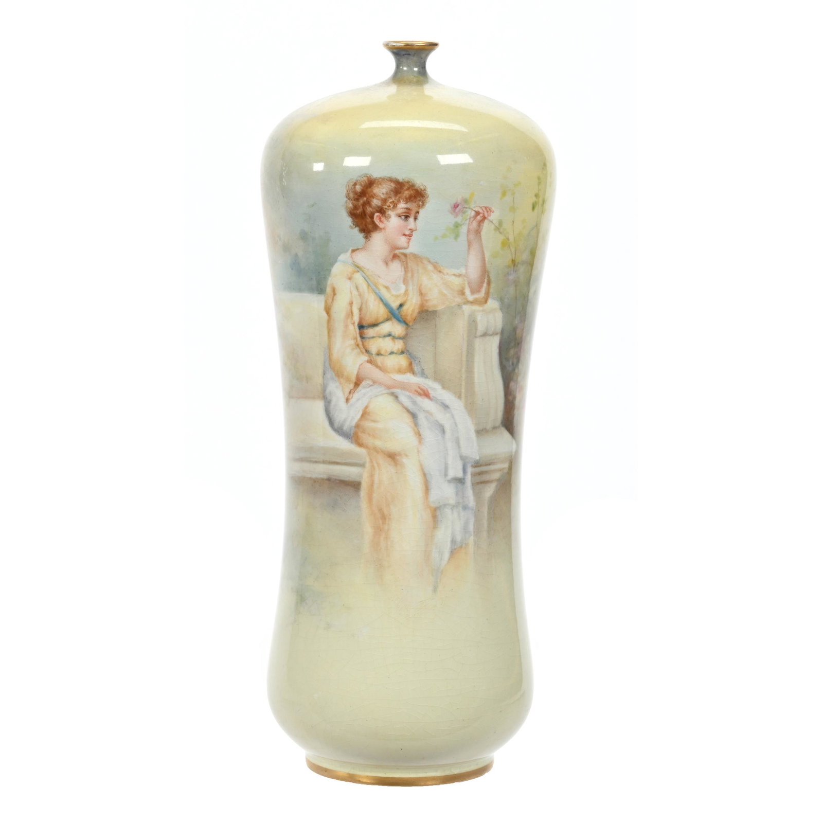Vase Marked Royal Bonn: Vase Marked Royal Bonn, 8.5" x 3.25", Soft Colors Featuring Young Woman On Bench With Flower, Elfriede & Marvin Miller Estate, ND.