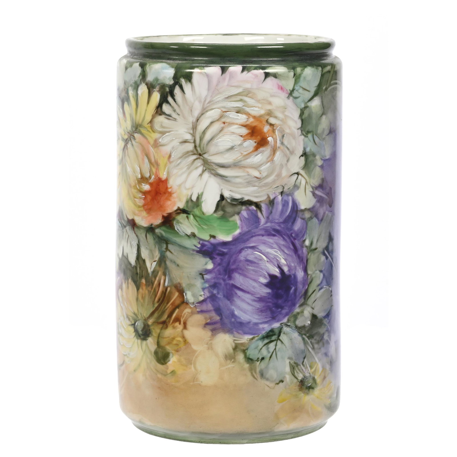 Cylinder Vase Marked D&C Limoges: Cylinder Vase Marked D&C Limoges, 10" x 5.75", Green, Brown And Lavender Tones, Chrysanthemum Decor, New Jersey Private Collection.