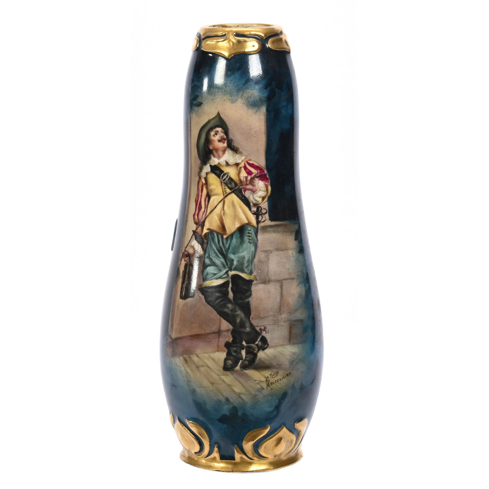 Vase Marked Royal Bonn: Vase Marked Royal Bonn, 8.75" x 3.25", Cavalier Leaning On Wall, Dark Blue With Lake Scene On Reverse, Embossed Gold Trim, Artist Signed, Elfriede & Marvin Miller Estate, ND.