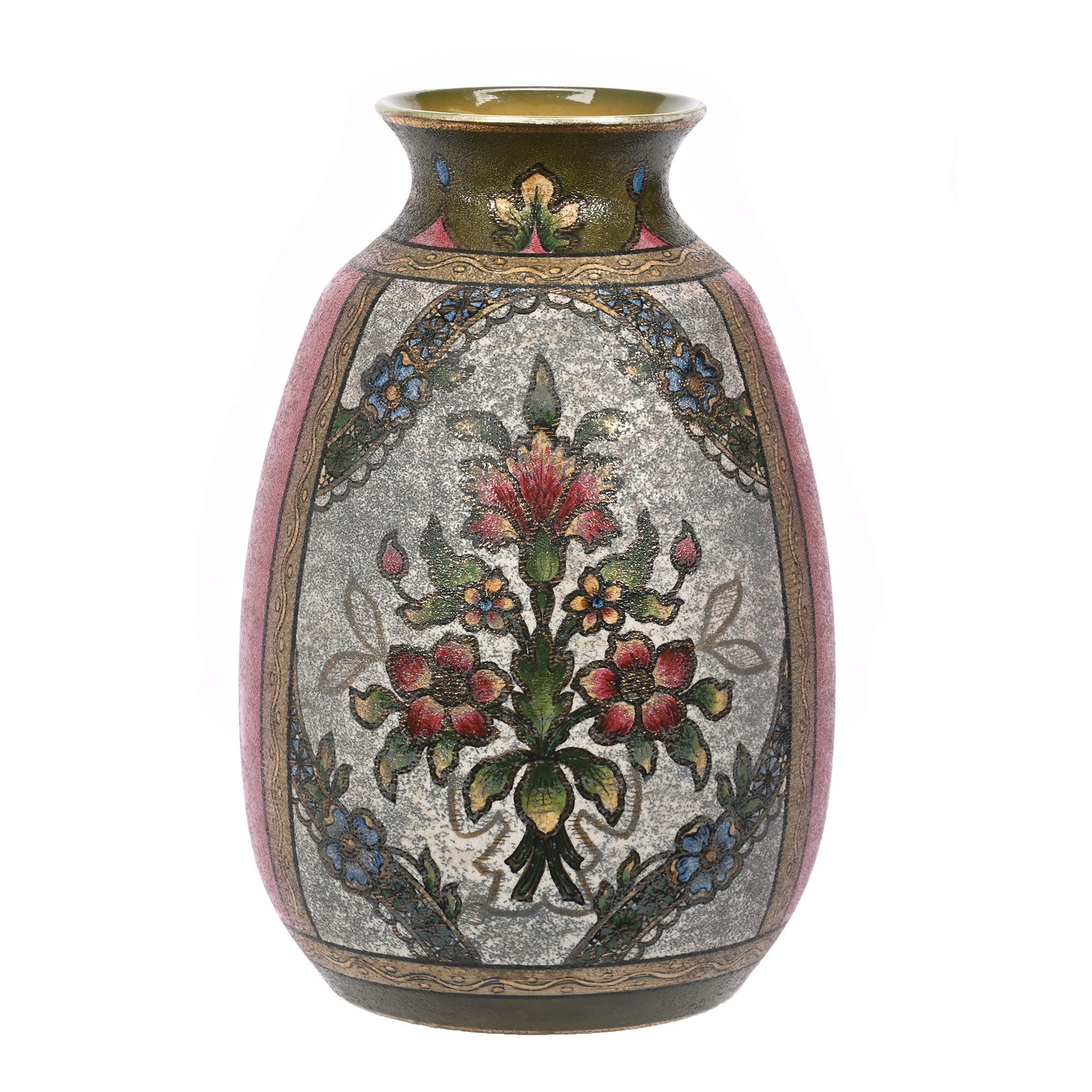 Vase Marked Royal Bonn: Vase Marked Royal Bonn, 8.5" x 5.5", Panels Of Pink And Blue With Floral Decor And Green Trim, Tapestry Finish, Elfriede & Marvin Miller Estate, ND.